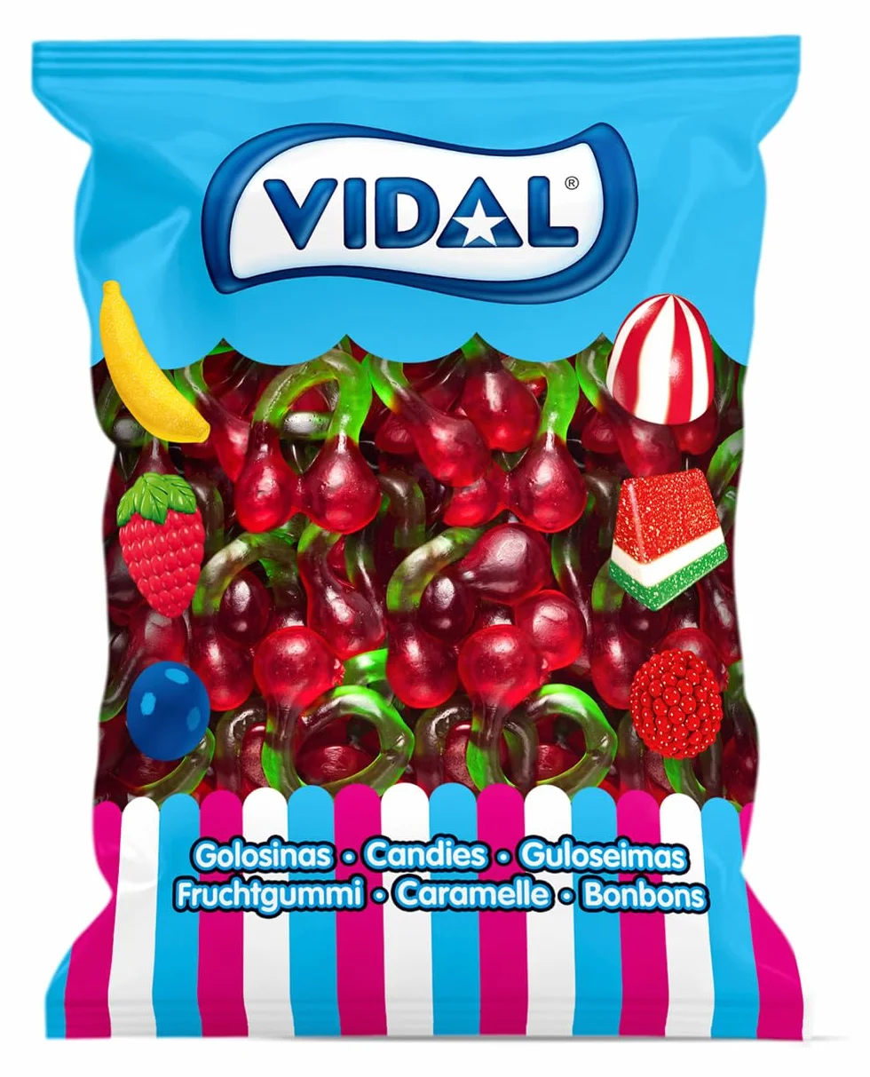 Vidal Golosinas. Cerezas Gigantes. Golosinas en forma de cereza tamaño XL con sabor auténtico a cereza, textura brillante y blandita. Sin gluten ni grasa. Bolsa 1 kg