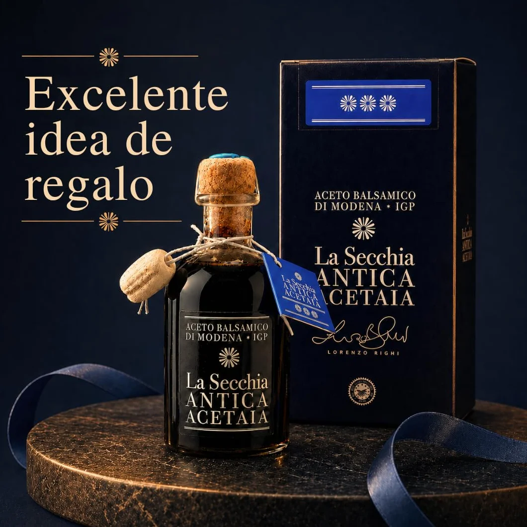 La Secchia - Aceto Balsámico de Módena IGP "Tres Estrellas", madurado en 12 barricas de Cerezo-Morera, densidad media, botella de 250 ml con tapón dosificador de corcho.