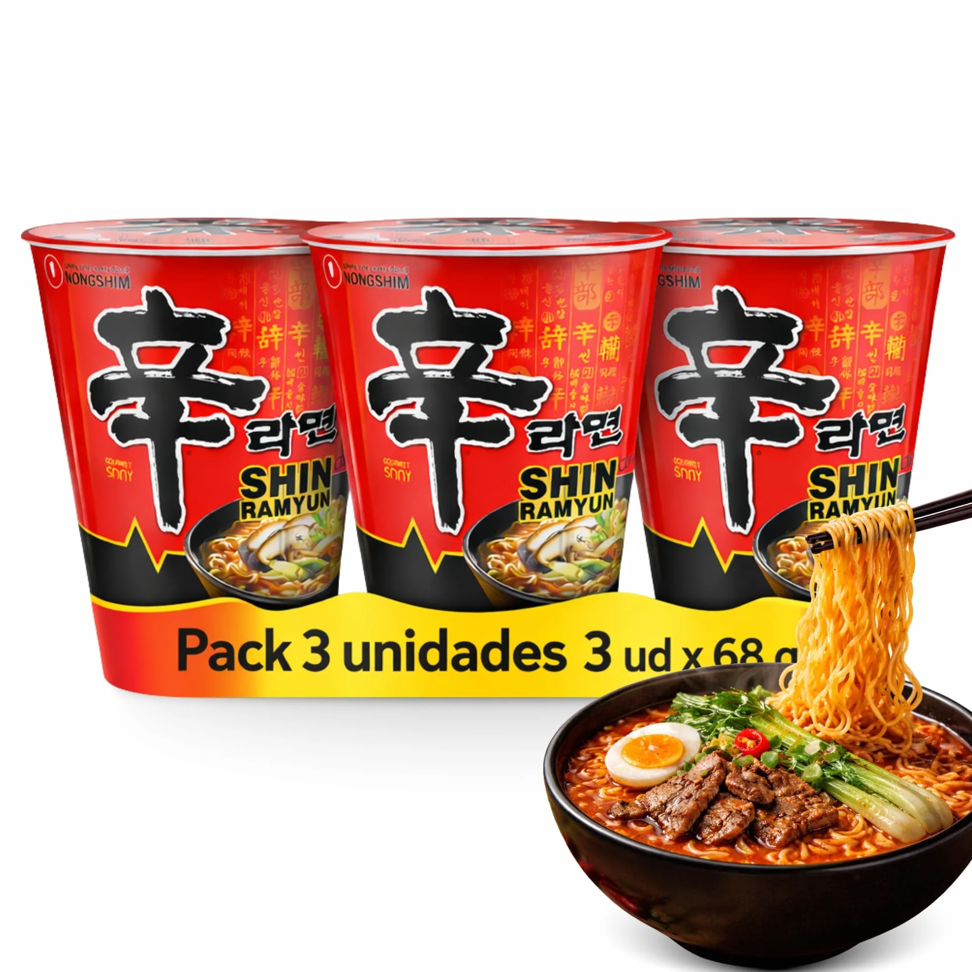 Ramen Picante Nongshin, Fideos Instantáneos Nong Shim Shin Ramyun, Instant Noodle Ramen Corea, Original Coreano, Agrega agua caliente y cocina por 5 minutos, Contiene 3 unidades de 68 g