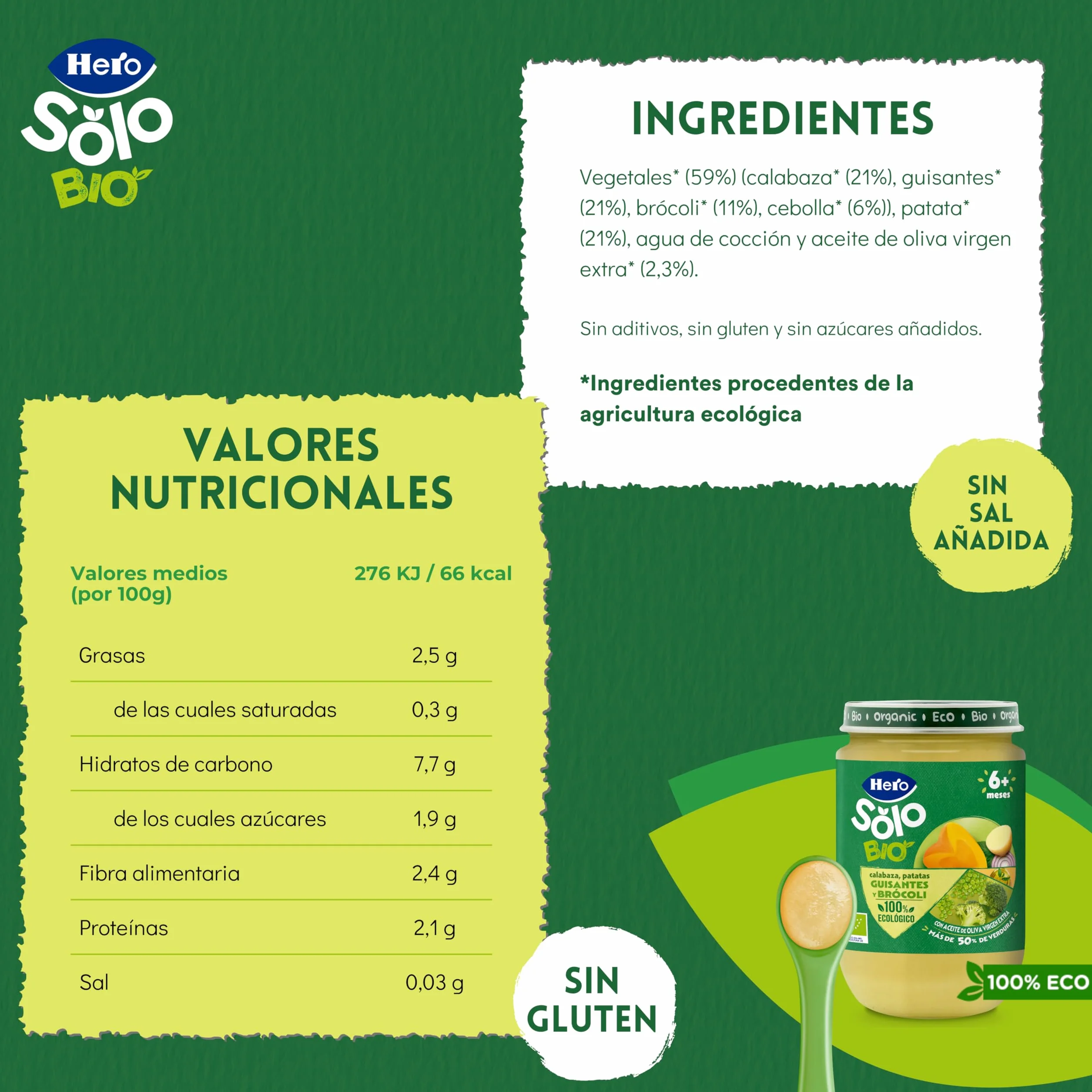 Hero Solo Bio Tarritos de Calabaza, Patatas, Guisantes y Brocoli 100% Ecológico 12 x 190 g