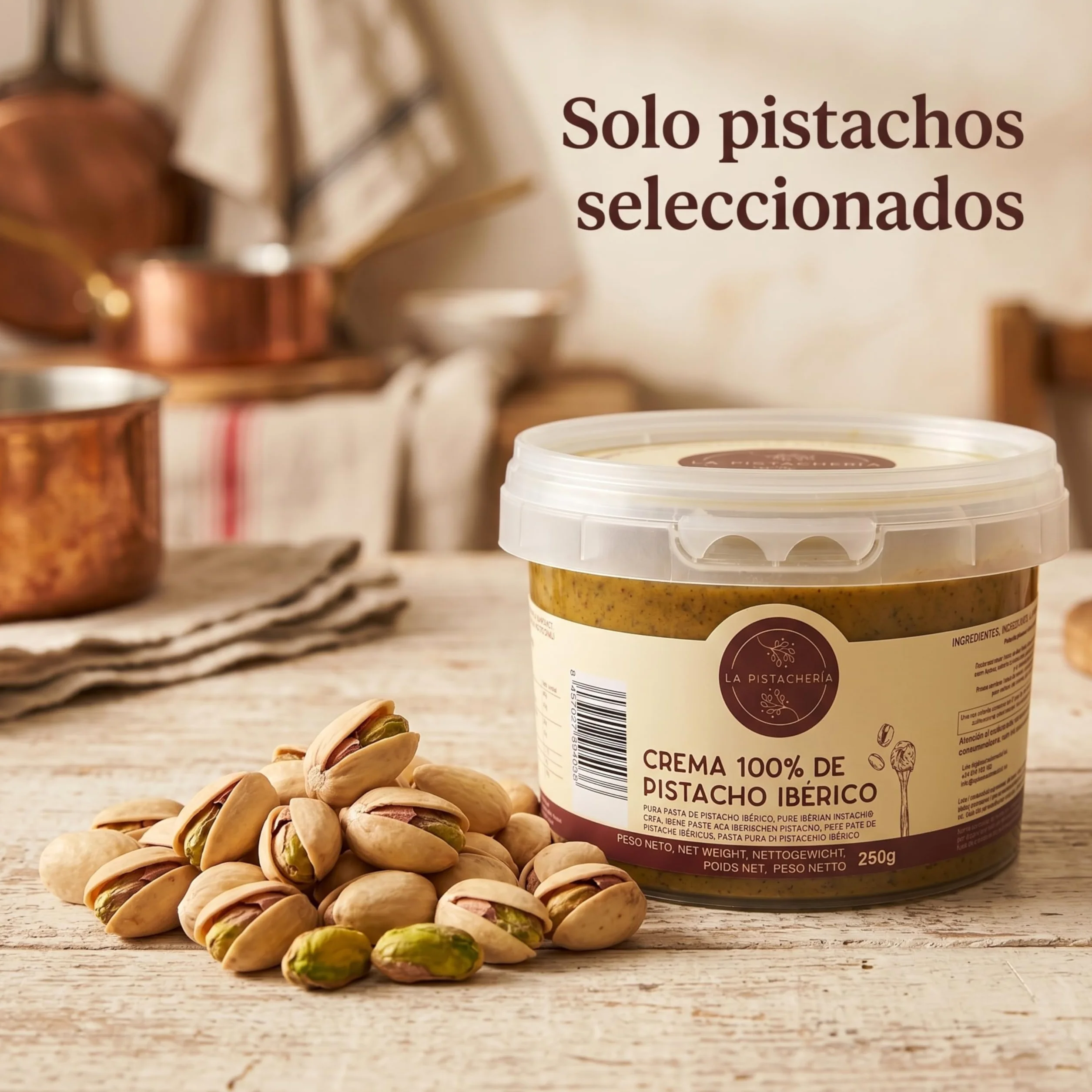 Crema 100% de Pistacho Ibérico – Pasta Pura de Pistacho Natural sin Azúcar ni Aditivos – Textura Cremosa para Postres, Repostería, Desayunos y Recetas Saladas - La Pistachería (250 gr)
