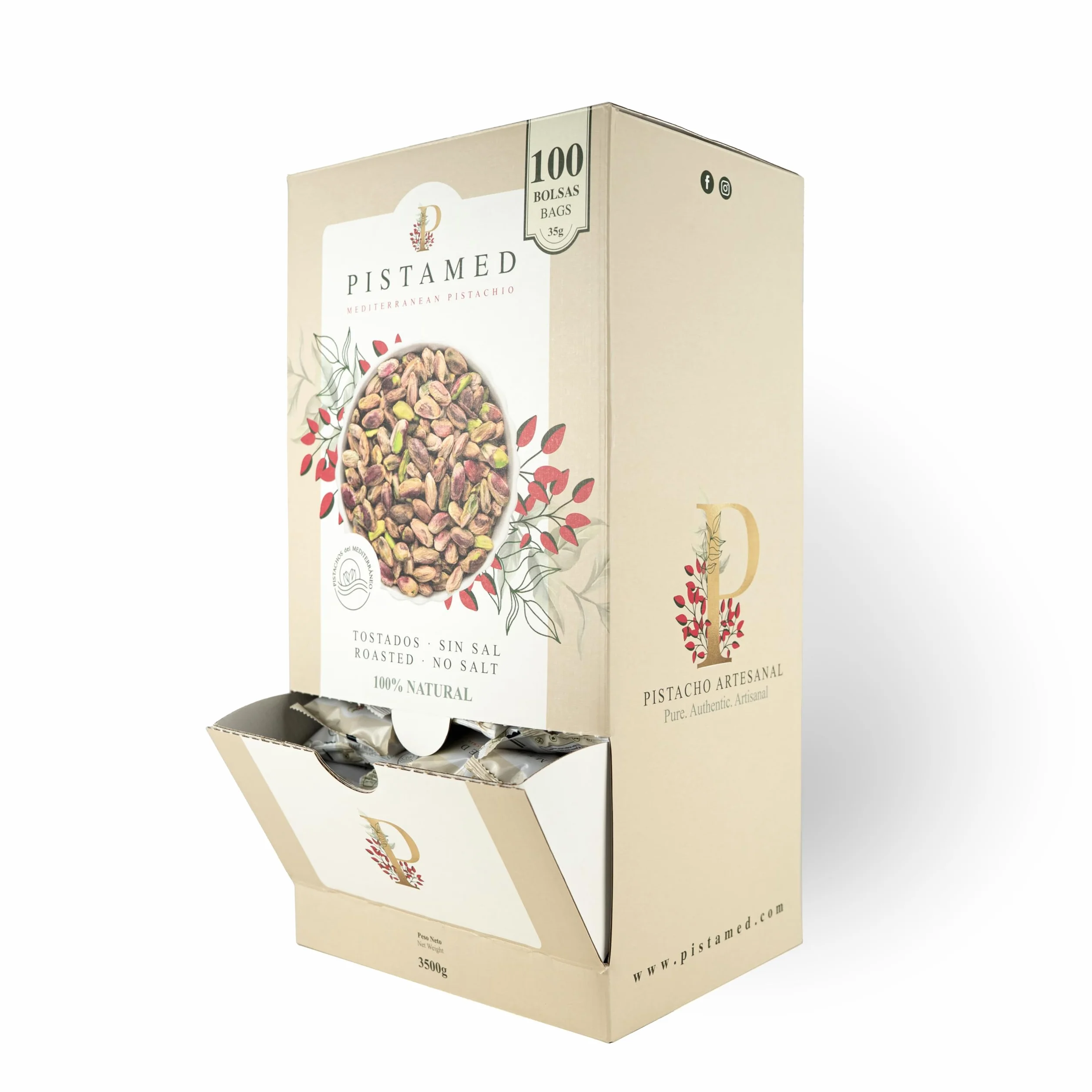 PISTAMED - Pistachos con Cáscara Sin Sal Tostados Artesanalmente - Alto Contenido en Fibra - Apto Veganos y Sin Gluten - Pack 100 x 35 g Formato Individual - Origen España - Snack Natural