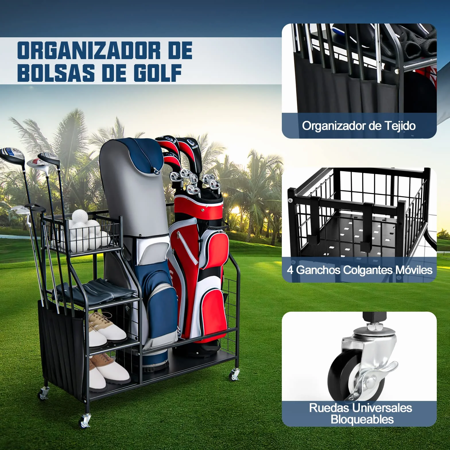 COSTWAY Estante de Almacenamiento para Bolsa de Golf con Ruedas Bloqueables