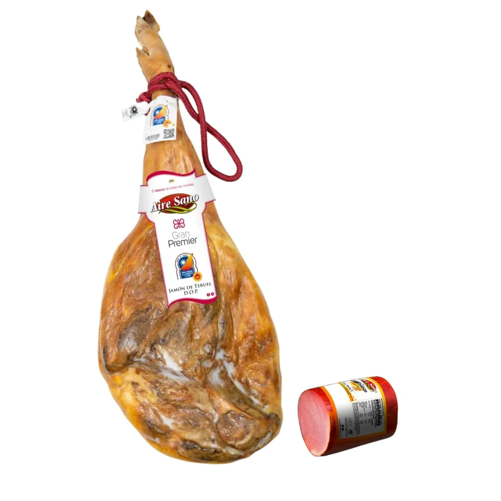 Aire Sano - Jamón de Teruel DOP Gran Premier entre 8-8.5 Kg + Taco de Lomo Padre 100% Duroc de 310g - Envasado al vacío