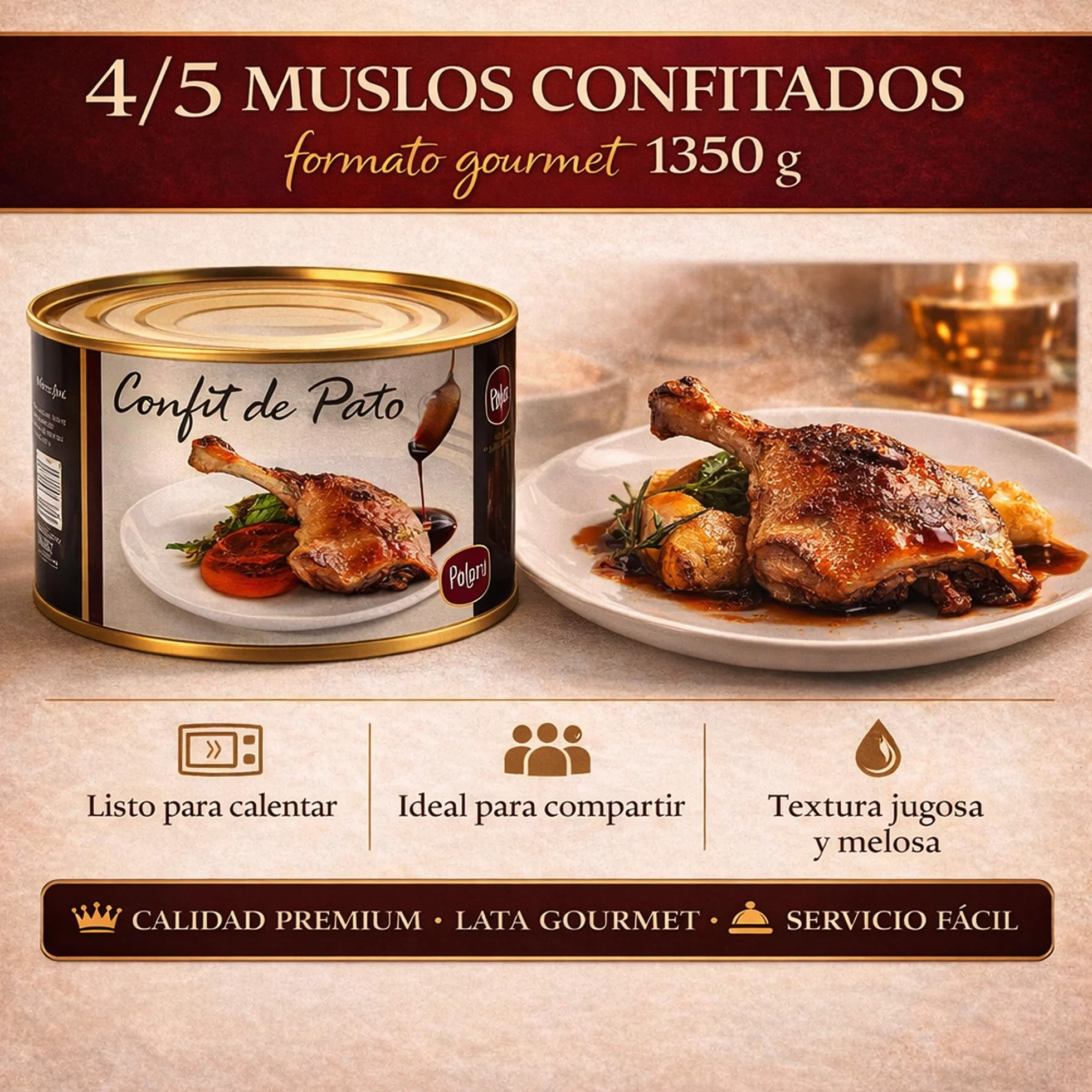 POLGRI Confit de Pato Muslos Confitados 2 Latas 1350 g 4 Unidades Carne de Caza Premium Receta Manchega