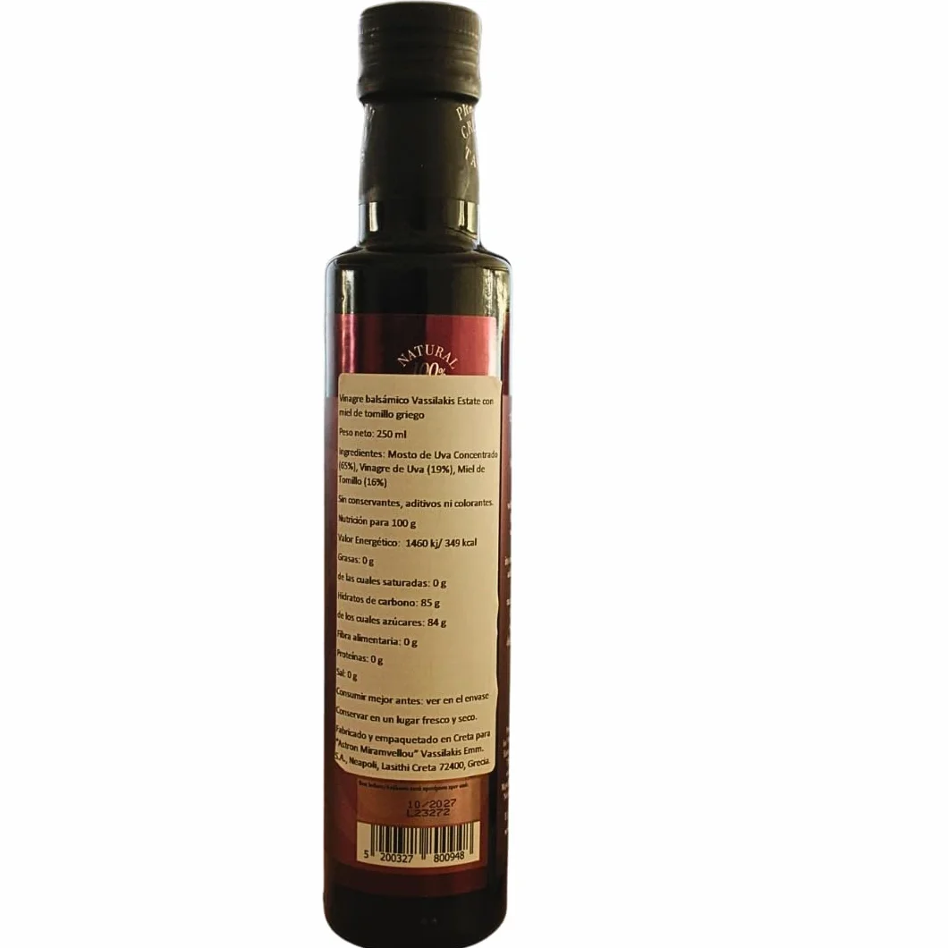 Vassilakis Estate – Vinagre Balsámico Griego con Miel de Tomillo – Botella de 250 ml