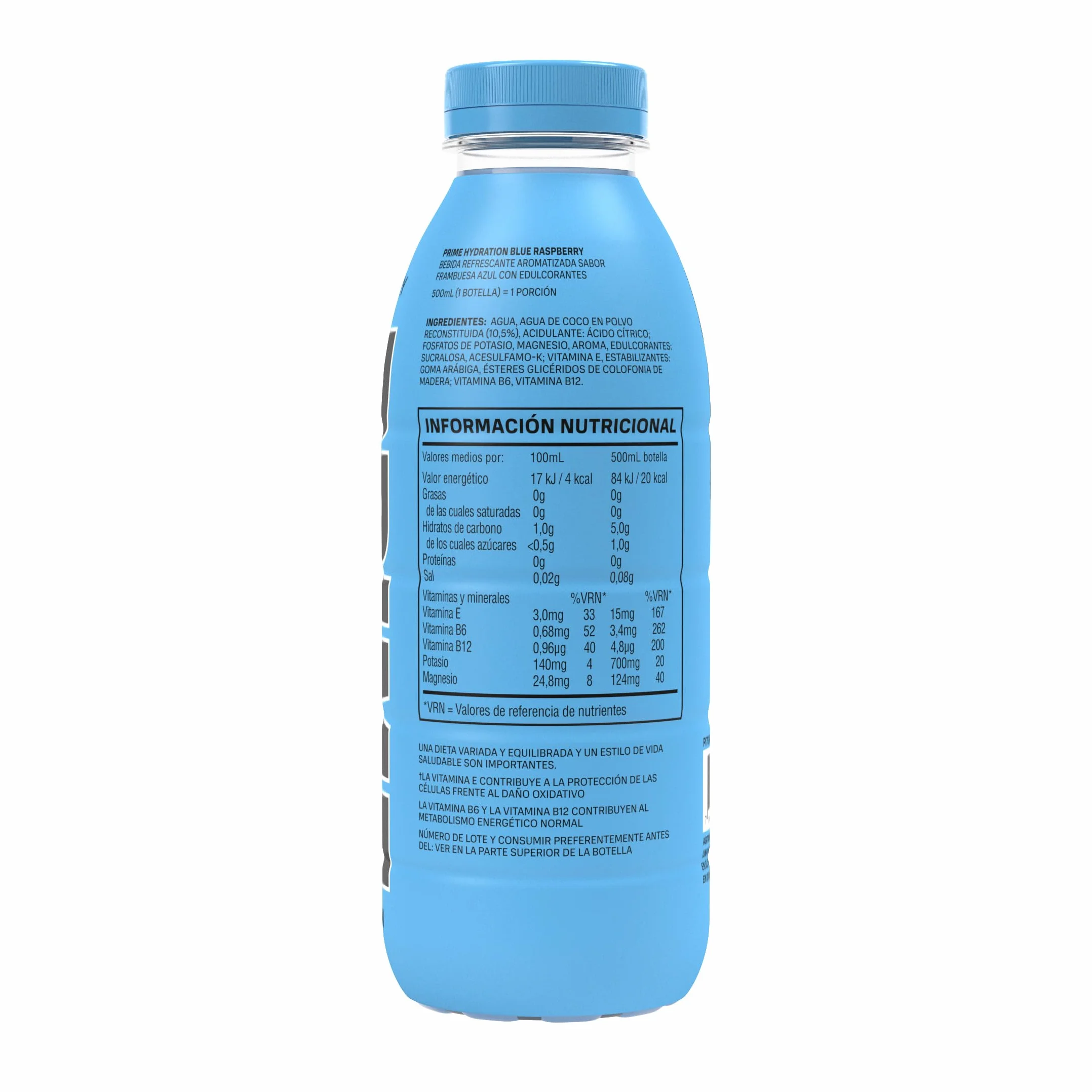 PRIME Hydration Blue Raspberry, Bebidas deportivas, Electrolitos mejorados para reponer líquidos, 250 mg de BCAA, vitaminas B, antioxidantes, bajo contenido en azúcar, 16,9 fl oz, paquete de 12