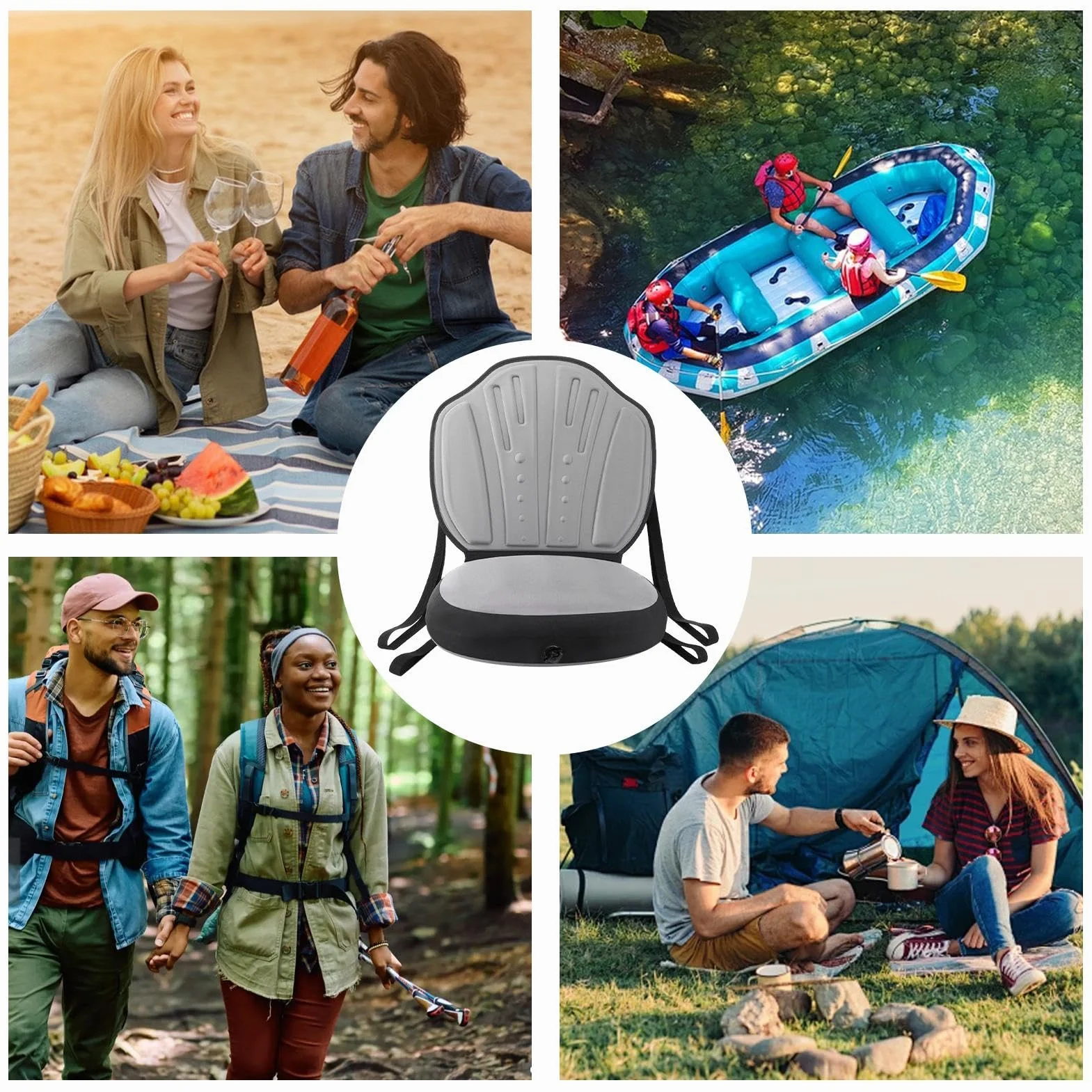Cojín de asiento inflable para kayak impermeable con respaldo, tela Oxford