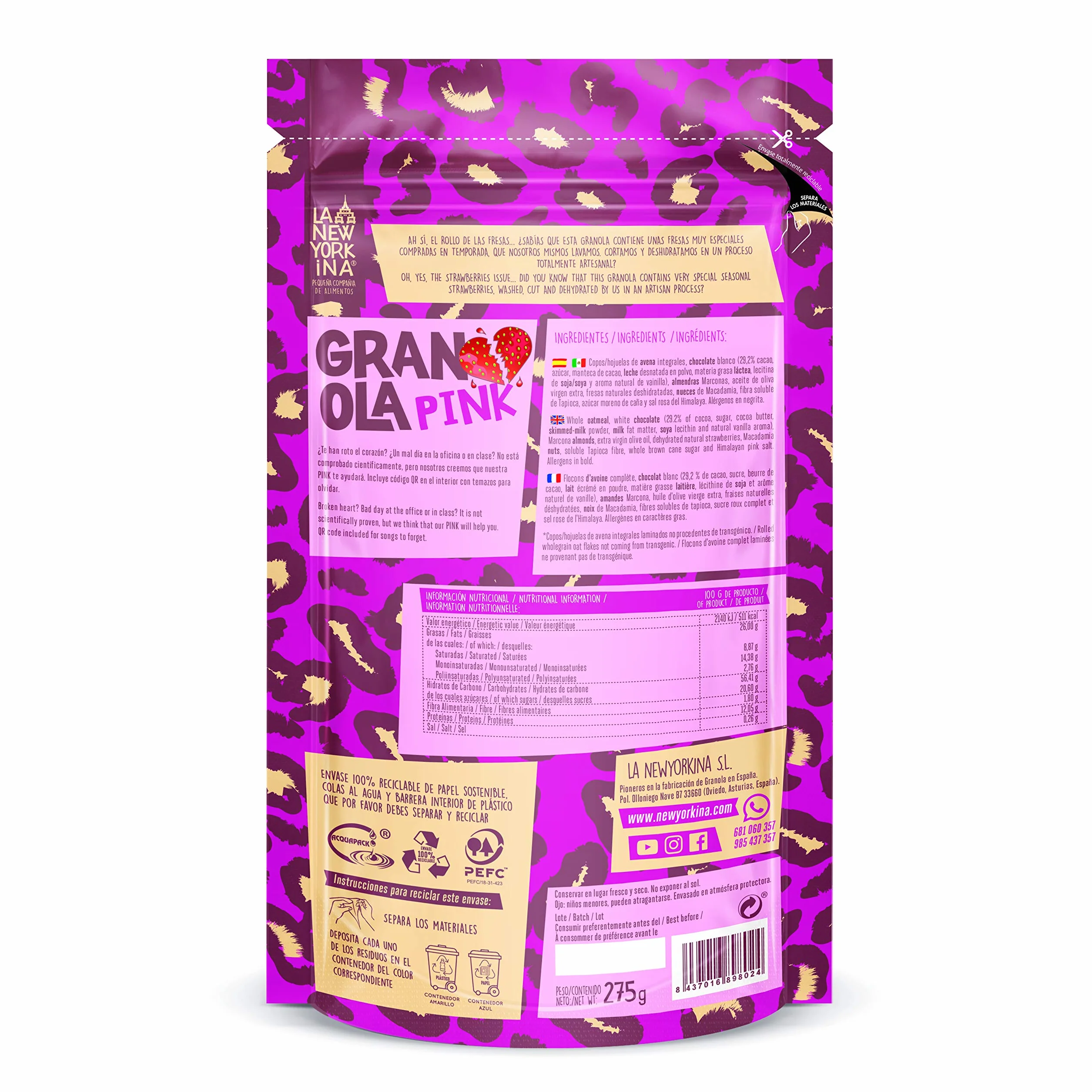 La Newyorkina Granola Sin Gluten 275g Con Chocolate Blanco y Fresas