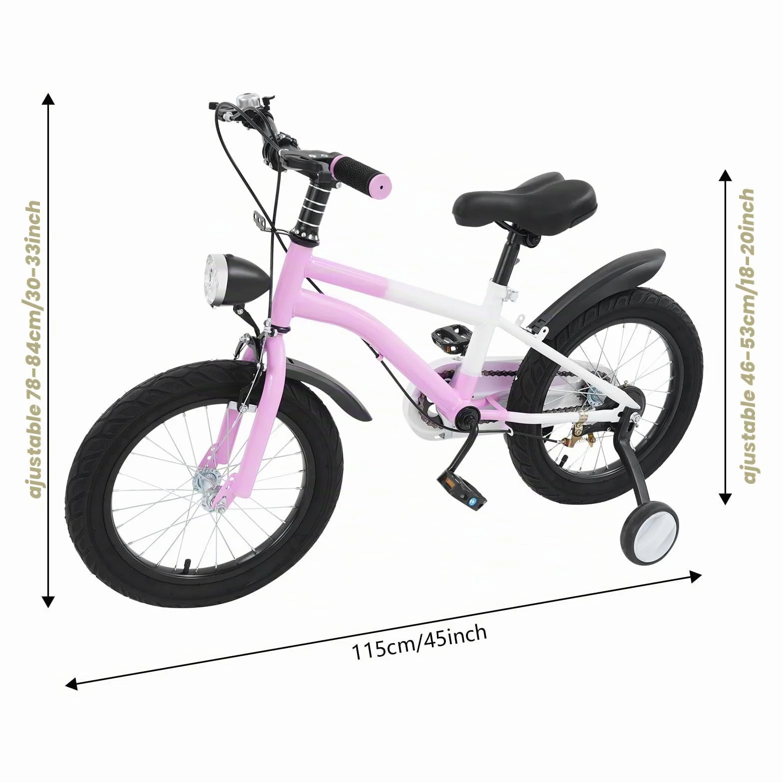 Bicicleta infantil 16 pulgadas freno disco luz LED ruedas estabilizadoras rosa ajustable sillín manillar carga 60 kg