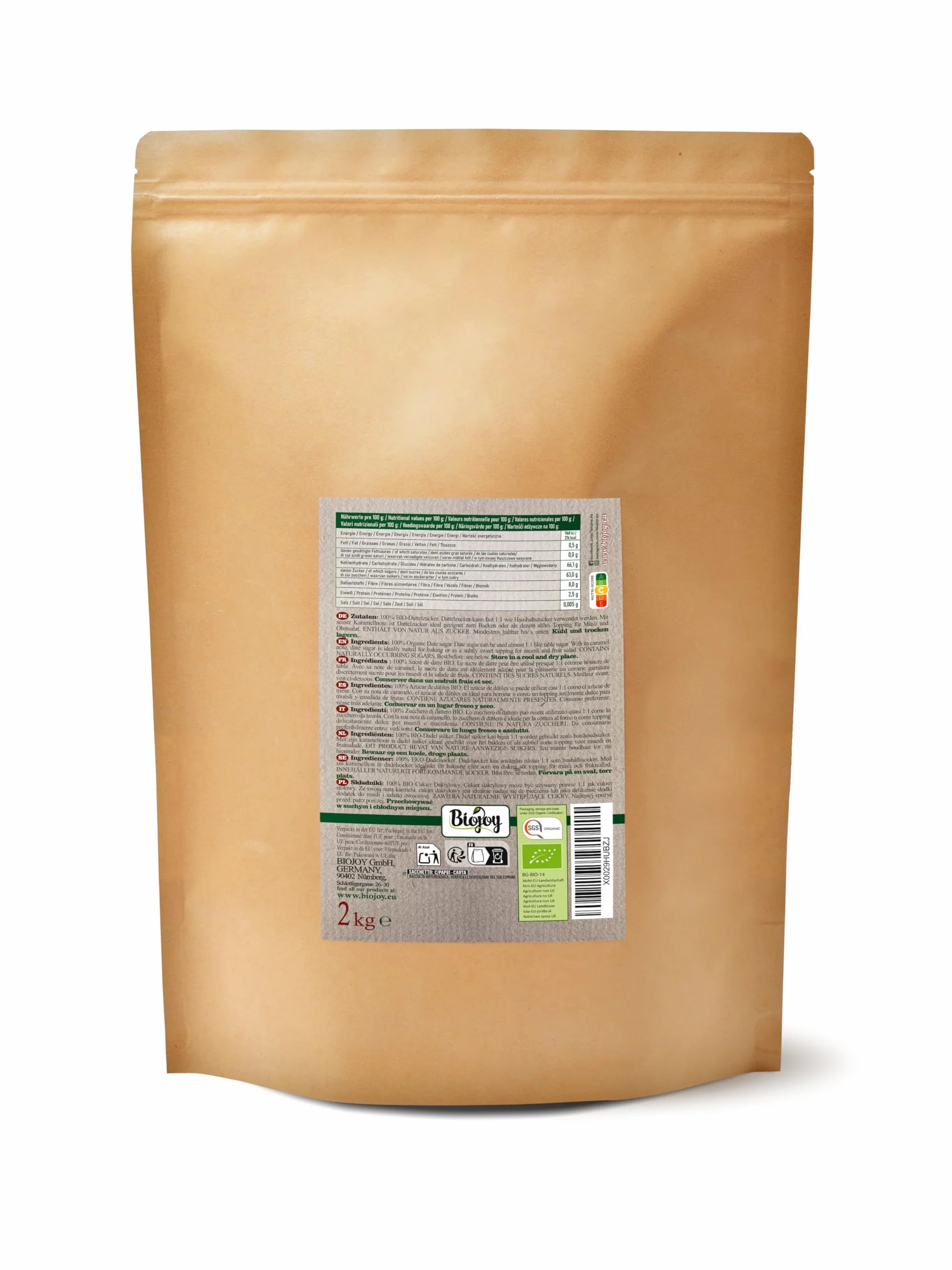Biojoy Azúcar de Dátiles Ecologico (2 kg), sin refinar, natural y sin aditivos (Phoenix Dactylifera)