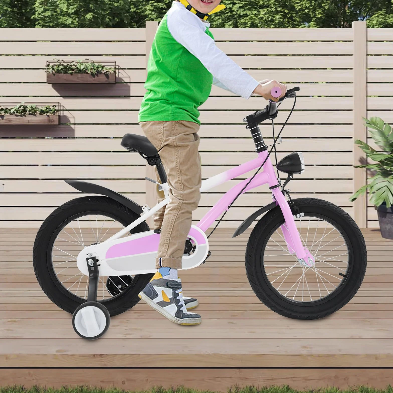 Bicicleta infantil 16 pulgadas freno disco luz LED ruedas estabilizadoras rosa ajustable sillín manillar carga 60 kg