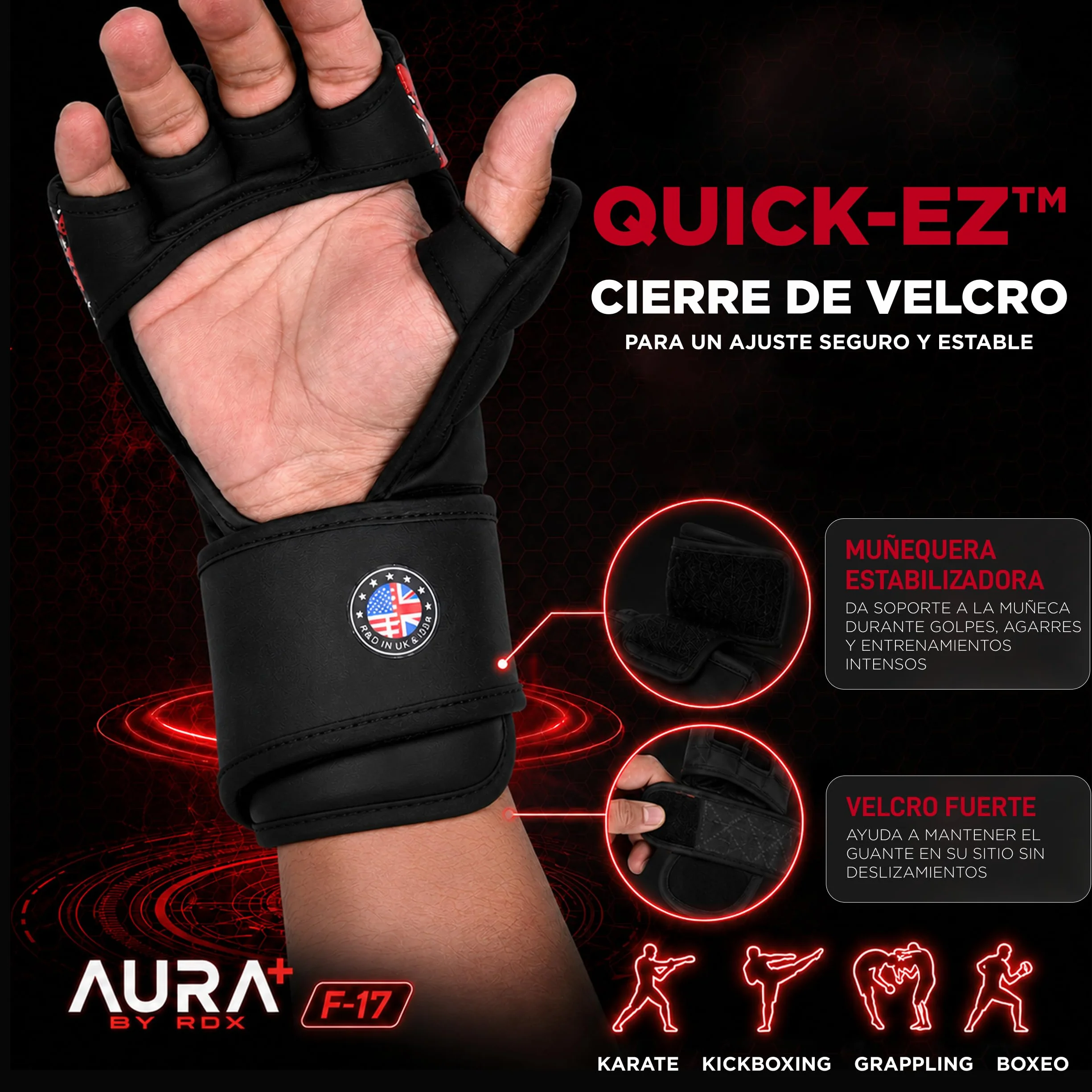 RDX Aura Plus F-17 Guantes de MMA de Cuero con Protección Reforzada para el Pulgar