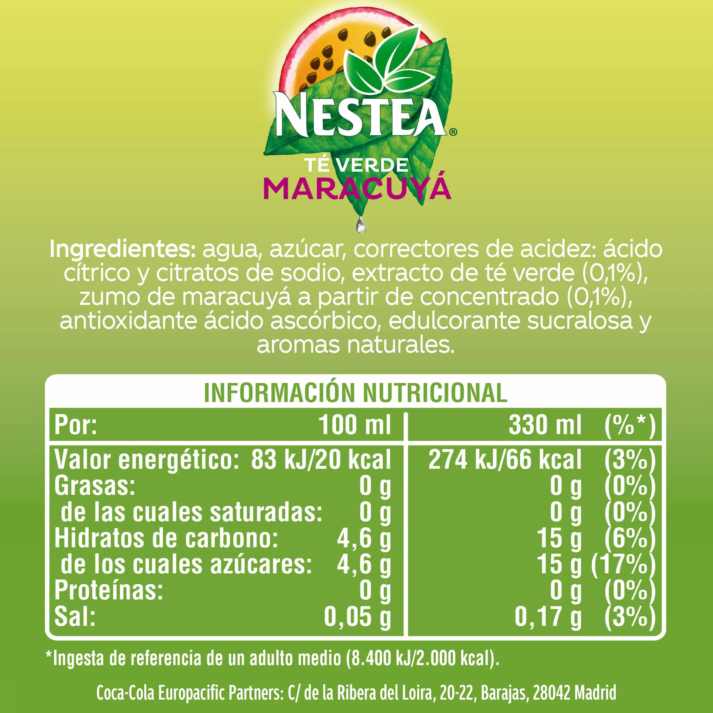 Nestea Té Verde con Maracuyá Refresco sin gas Bajo en calorías Lata 330 ml Pack 24