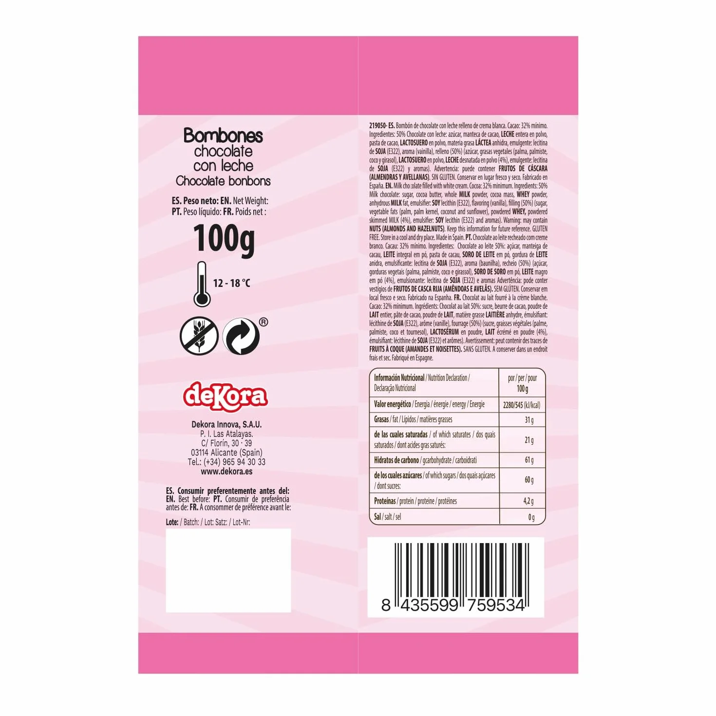 Dekora - Pack Bombones de Chocolate Rellenos de Crema de Leche y Diseño Unicornio Tesia 100g, Ideal para Fiestas Infantiles y Cumpleaños. Divertidos y deliciosos