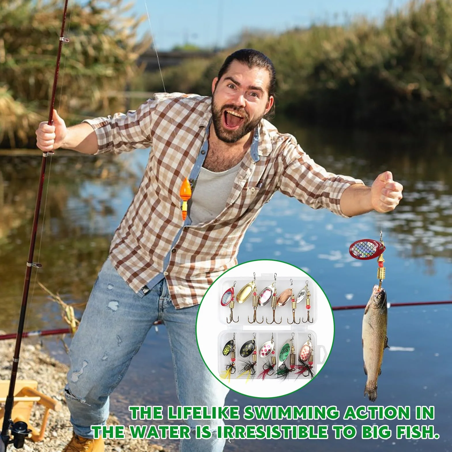 Señuelos Pesca Artificial 10 Piezas Kit Metal Cucharillas con Ganchos Caja Trucha Perca Lucio Salmón Bass