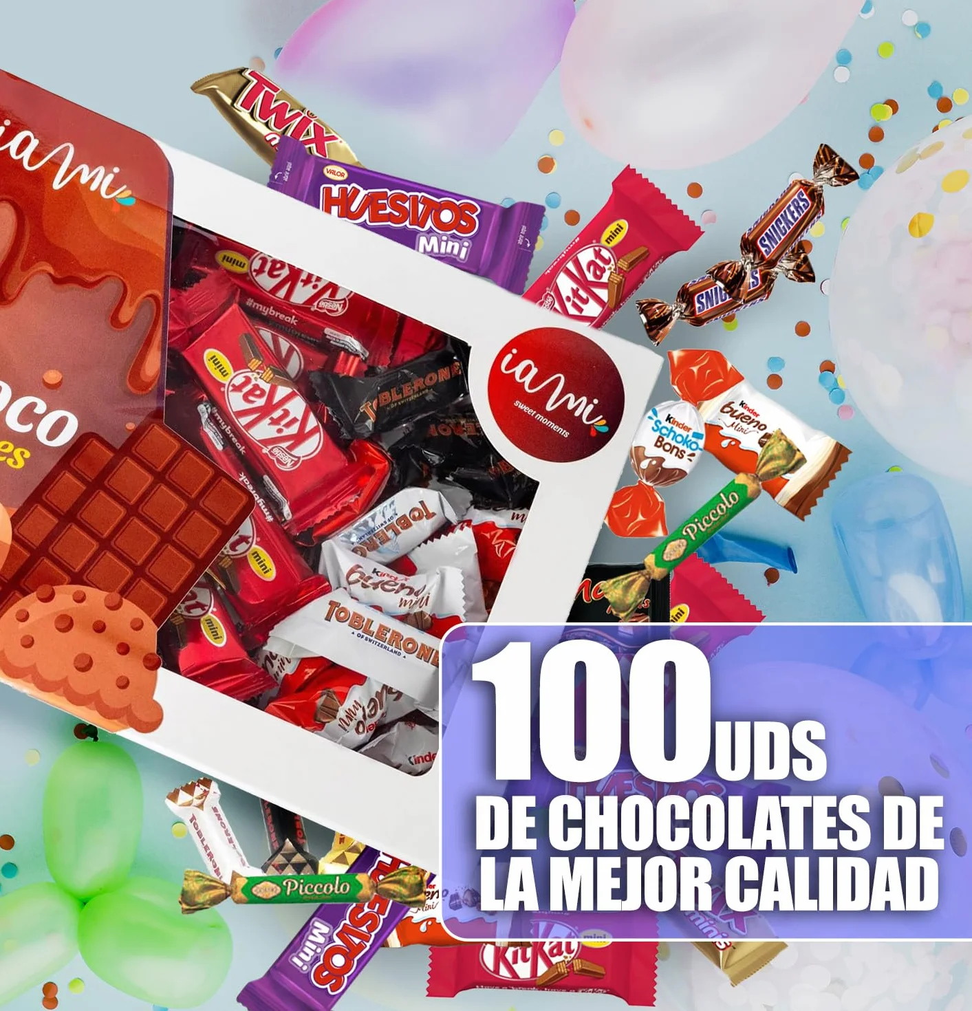 +100 Unidades Surtido de Mini Chocolates | Regalo Original Caja Gourmet Chocolates MINI I Versiones Miniatures de Kit Kat, Toblerone, Kinder Bueno, Twix, Snickers, Kinder Chocolate, Shochobons y Mars