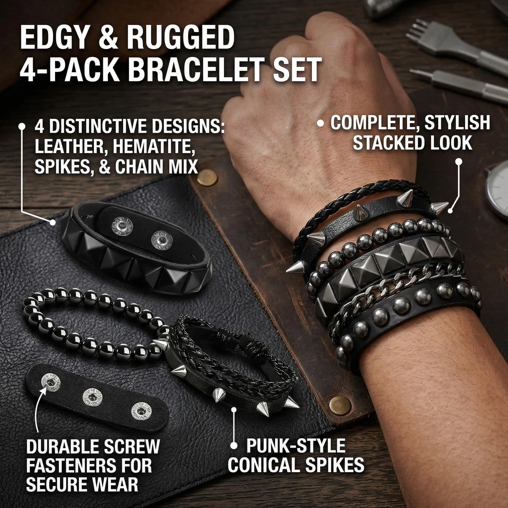 Pulseras Punk Rock de Cuero para Hombres y Mujeres – 4 Pulseras Negras con Clavos Metálicos