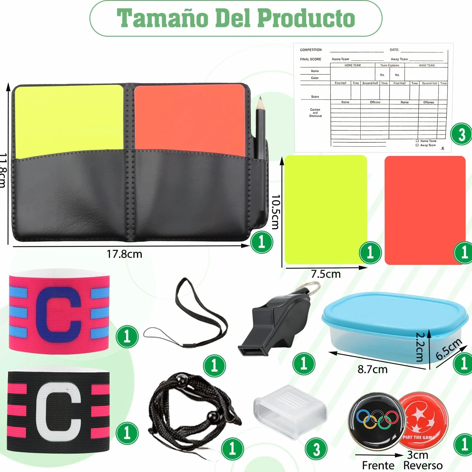 Kit de Tarjetas Árbitro Fútbol Rojas y Amarillas con Silbato Profesional, Papel, Lápiz, Brazalete de Capitán