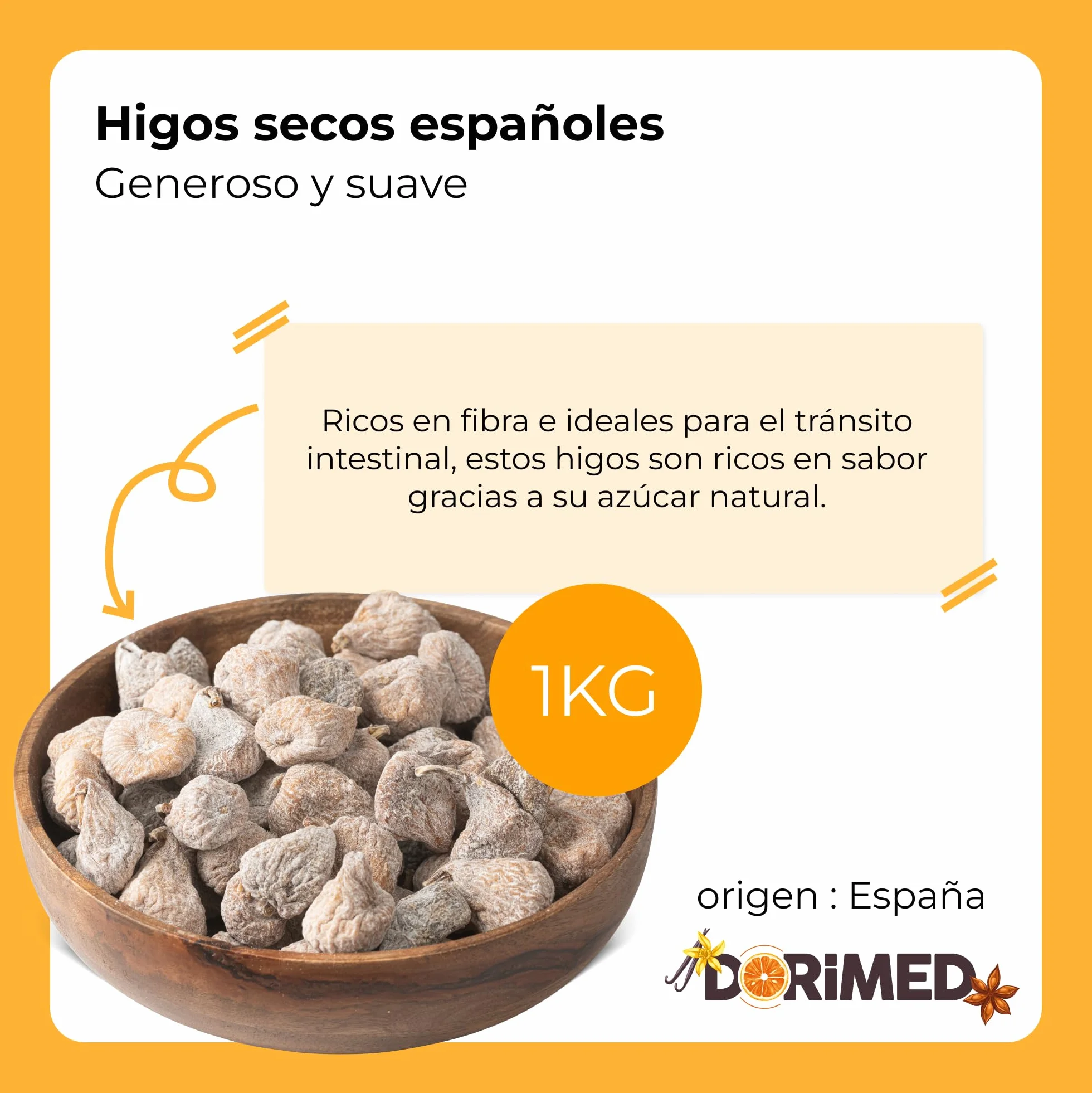 Higos Secos Españoles | 1 Kg de Higos Deshidratados | Sin Azúcar Añadida | Crudos y Enteros | Alto en Fibra y Minerales | IDEAL como SNACK | Dorimed