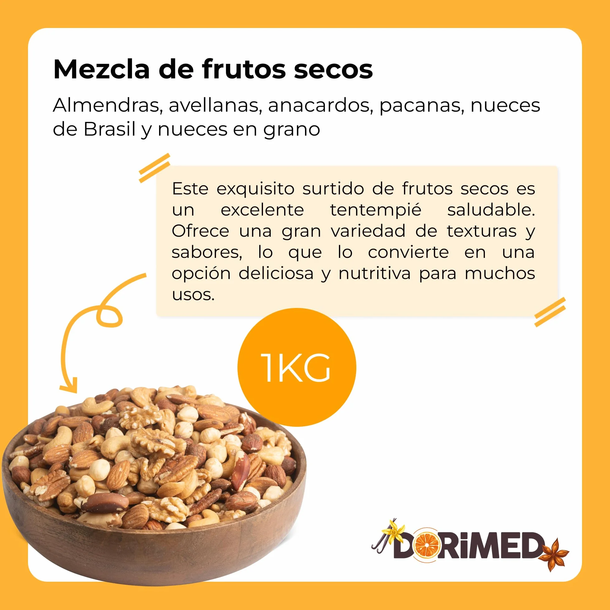 Mezcla frutos secos 1 Kg Almendras Avellanas Anacardos Pecanas Nueces Brasil Naturales Vegano No GMO Dorimed