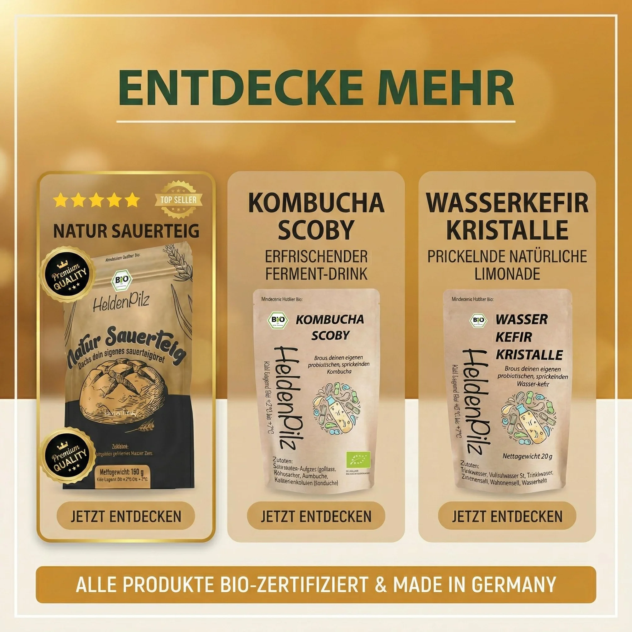 HeldenPilz | Masa agria orgánica fresca | Set para hornear pan + regalo | hacer pan crujiente tú mismo, incluye instrucciones y recetas, ingredientes 100% naturales (centeno para iniciar la levadura