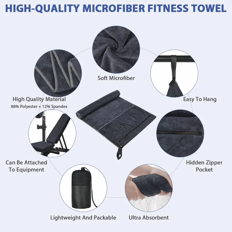 AUYAO Toalla Gimnasio 40cmx90cm Magnética Fitness Cremallera Secado Rápido Absorbente Gris