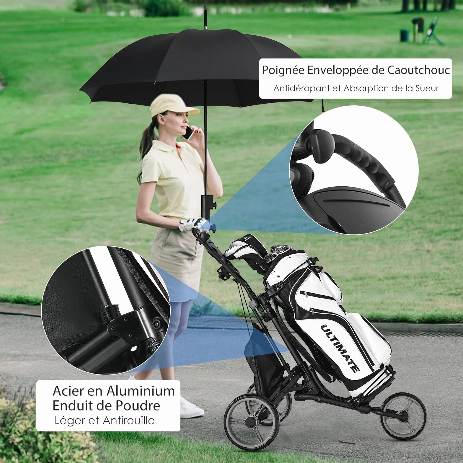 GOPLUS Carrito de Golf Plegable 3 Ruedas, Altura Ajustable, Aluminio, Portaparaguas, Bolsa Impermeable, Freno Pie, 121x70x116 cm