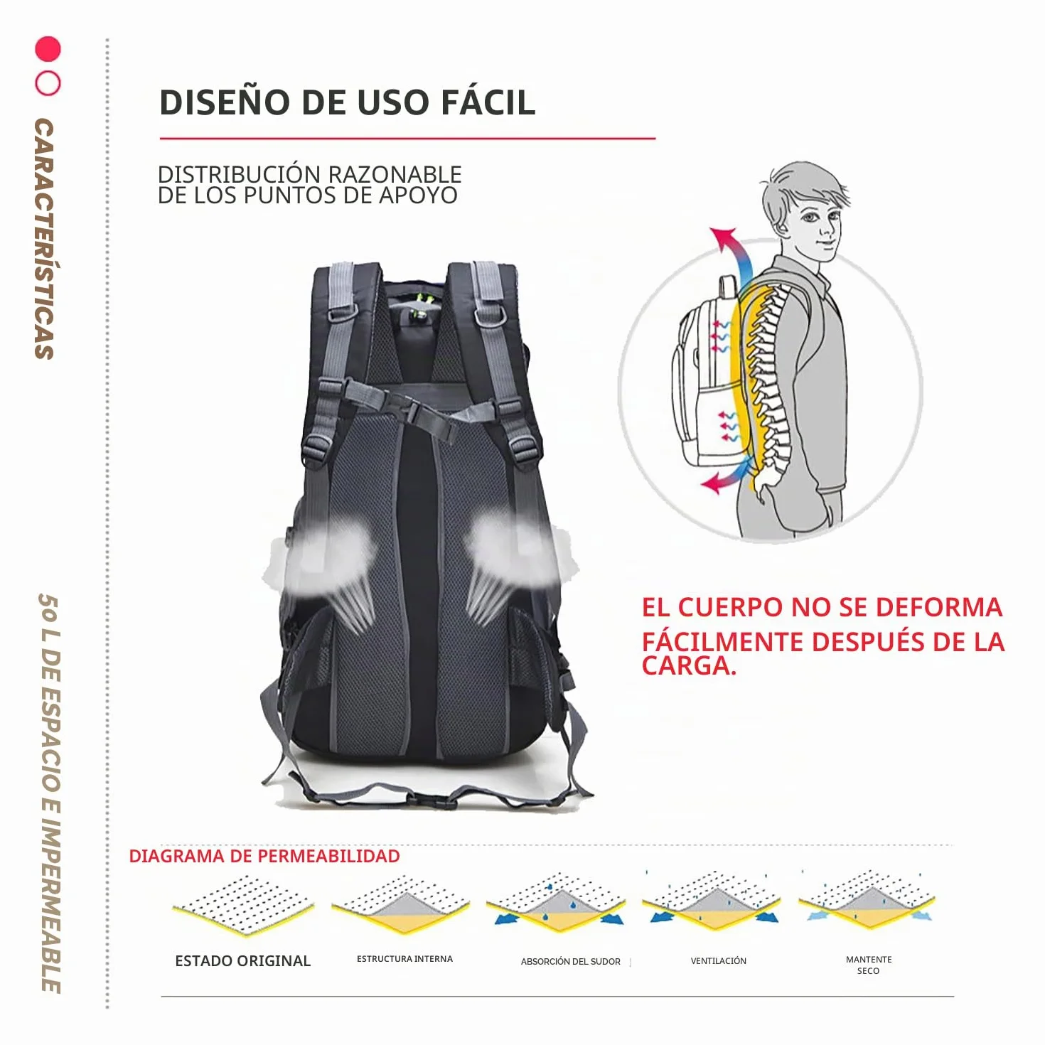 Mochila de senderismo impermeable 50L Bseash para viaje y camping