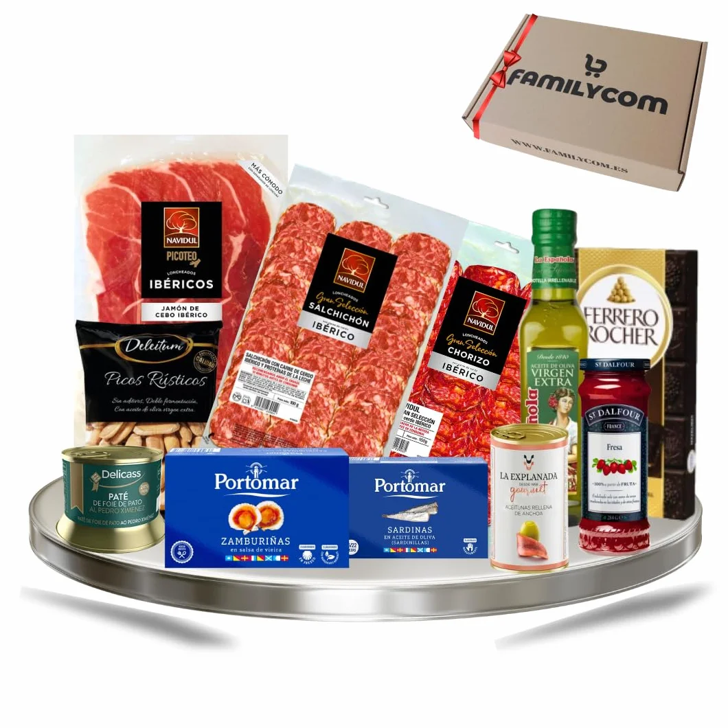 Cesta Gourmet para Regalar FAMILYCOM con Ibéricos, Aceite de Oliva, Chocolate, Jamón y Zamburiñas