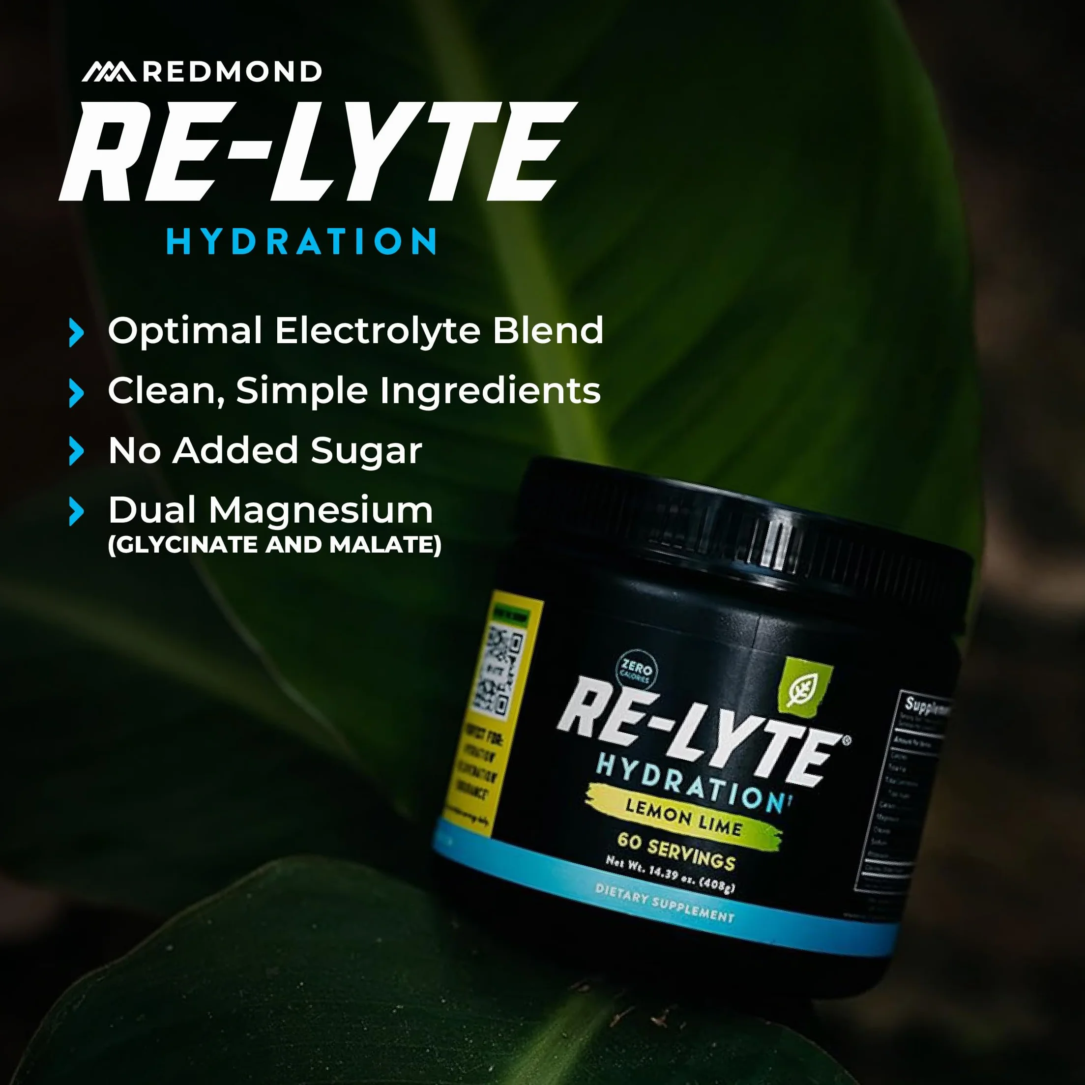 REDMOND Re-Lyte HYDRATION Drink Mix LEMON LIME LARGE, lata de 408 g - Electrolitos en polvo, sin azúcar, con auténtica sal Redmond Real Salt y más de 60 minerales y oligoelementos esenciales