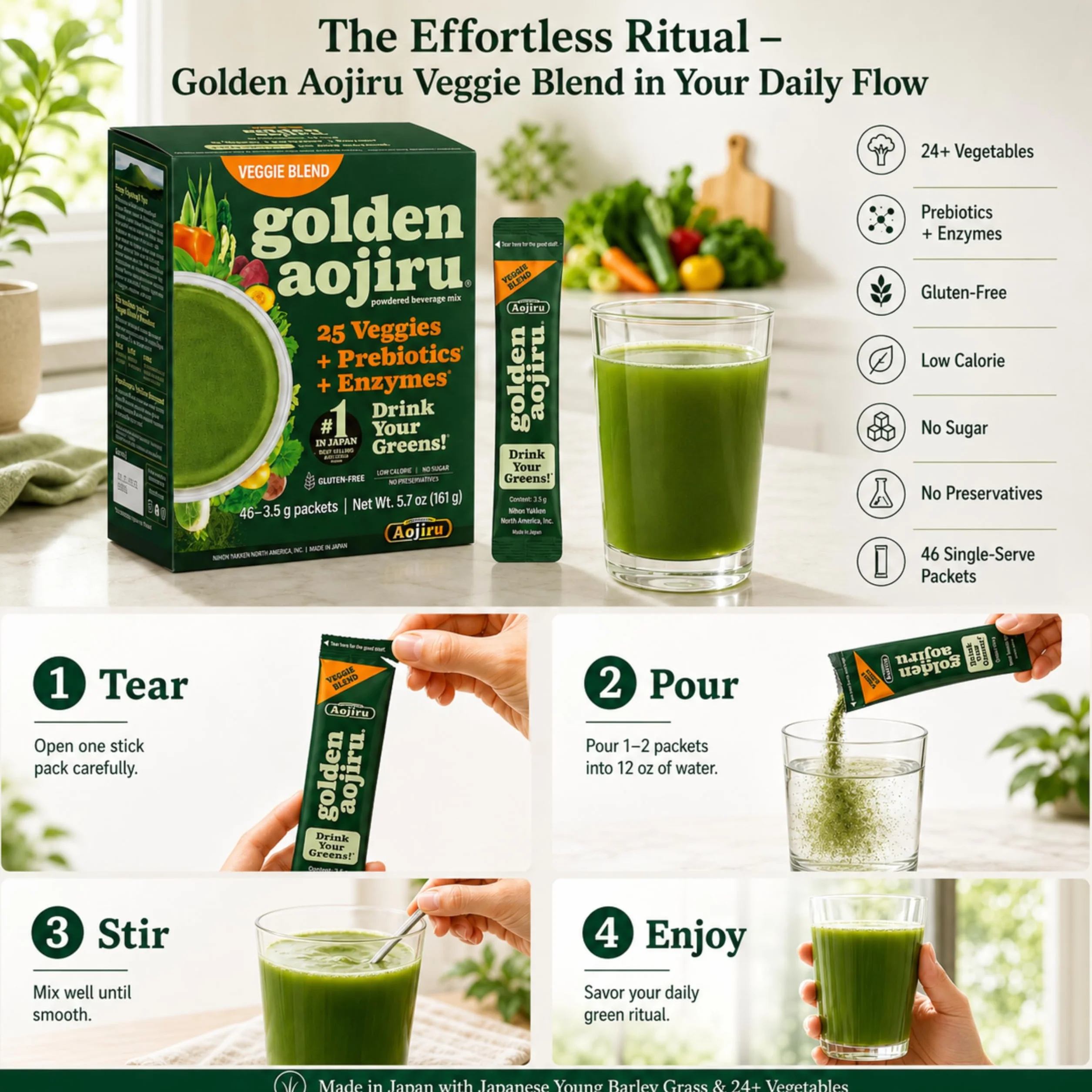 Golden Aojiru Veggie Blend - Greens Powder with 25 Superfood Vegetables, Gluten-Free, Low Calorie, No Sugar, 46 Packets - Made in Japan