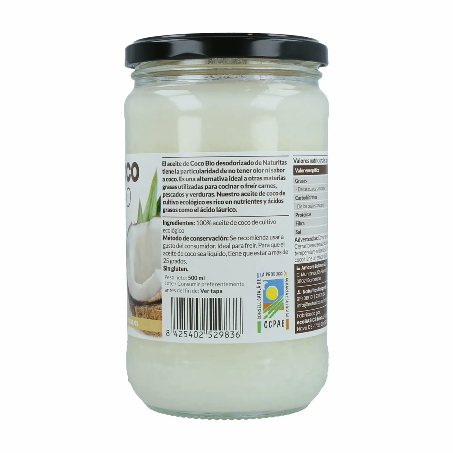 Coco sin olor BIO | 500 ml | Naturitas Essentials | Aceite de coco Bio desodorizado | Punto de humo alto sin refinar | Aceites y Vinagres