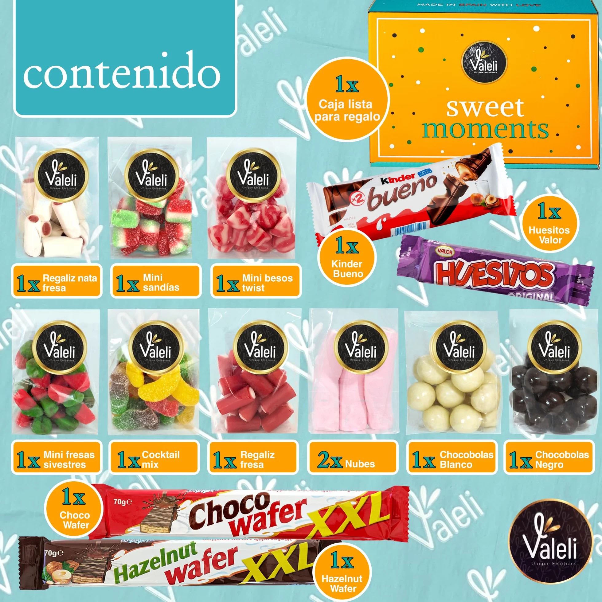 Valeli, Chocolates y Golosinas Cesta dulces y chocolatinas, Caja Regalo Original: Cumpleaños - 1 kg paquetes, bolsas