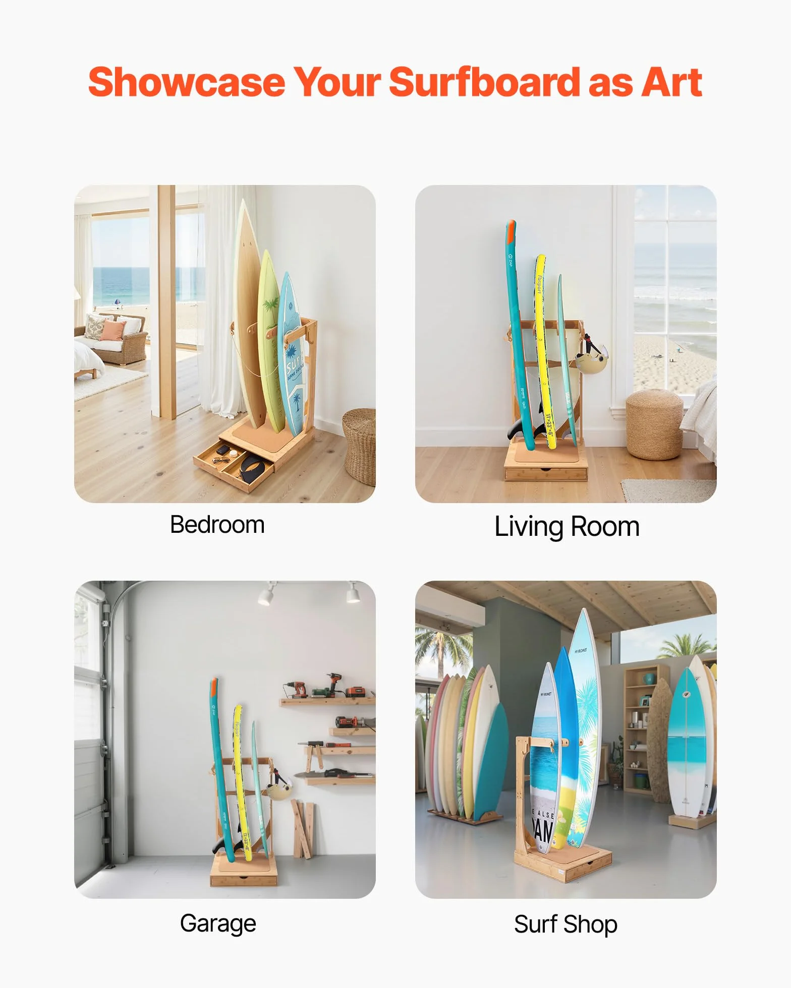 VEVOR Soporte Vertical para Tablas de Surf, Estante de Madera de 3 Niveles con Ganchos y Cajones