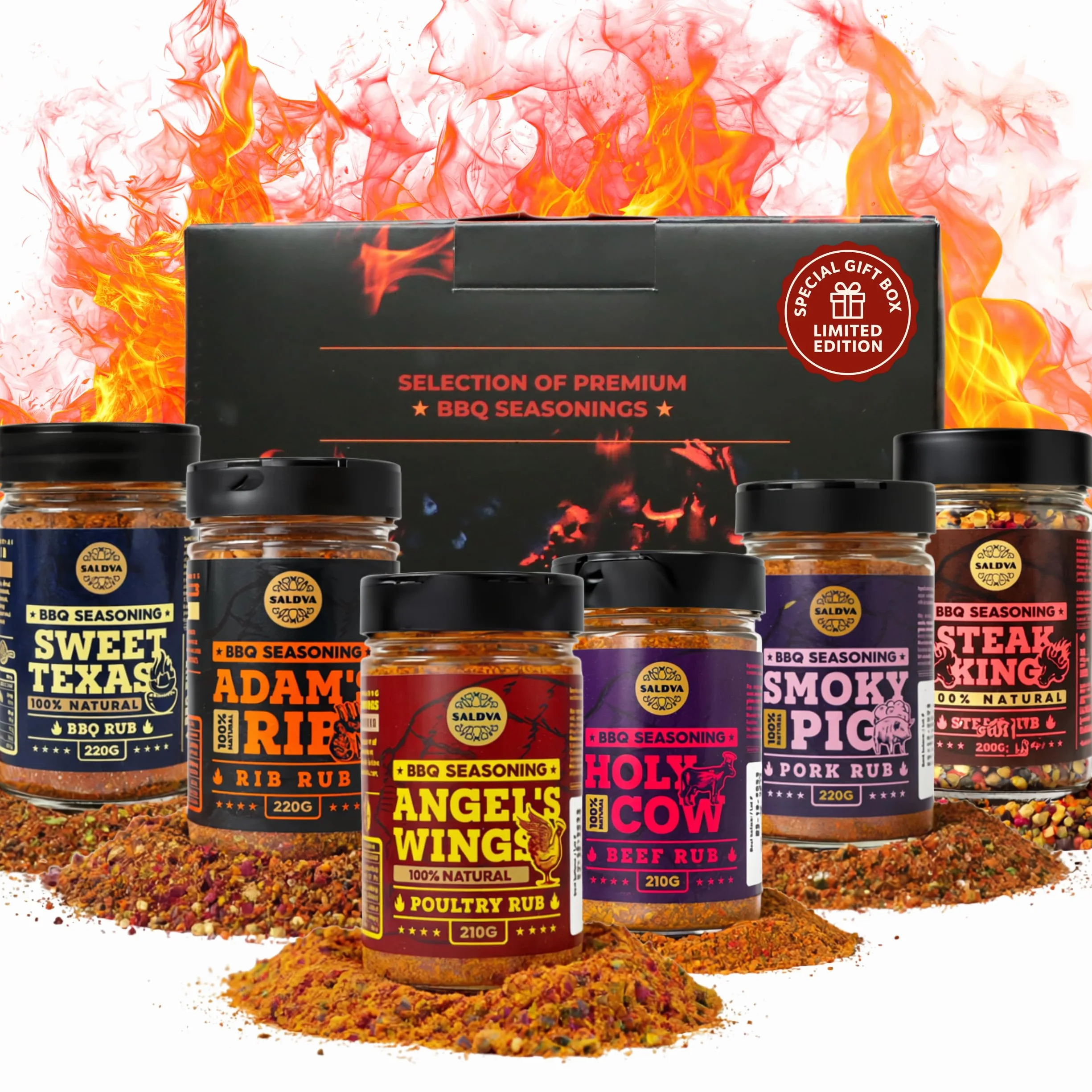 Meat Lovers BBQ Rub Gift Set - Holy Cow, Angel's Wings, Smoky Pig, Sweet Texas, Steak King & Adam's Ribs BBQ Rubs Pack of 6