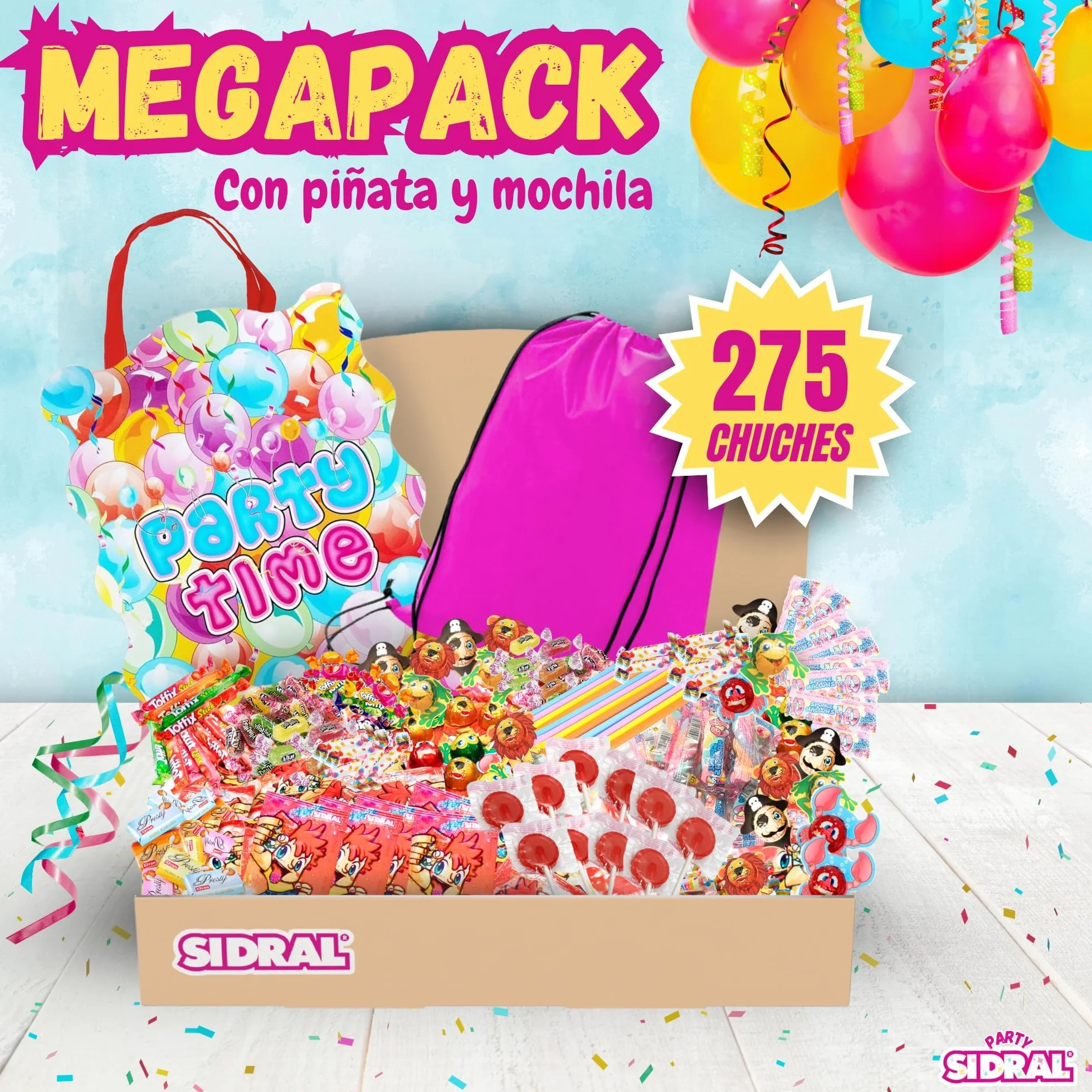 SIDRAL .275 chuches variadas+piñata+mochila para llevar chuches :Cañas y sobres Sidral, chocolate, gominolas, caramelos blandos rellenos gel de frutas - Perfectas para Regalar.
