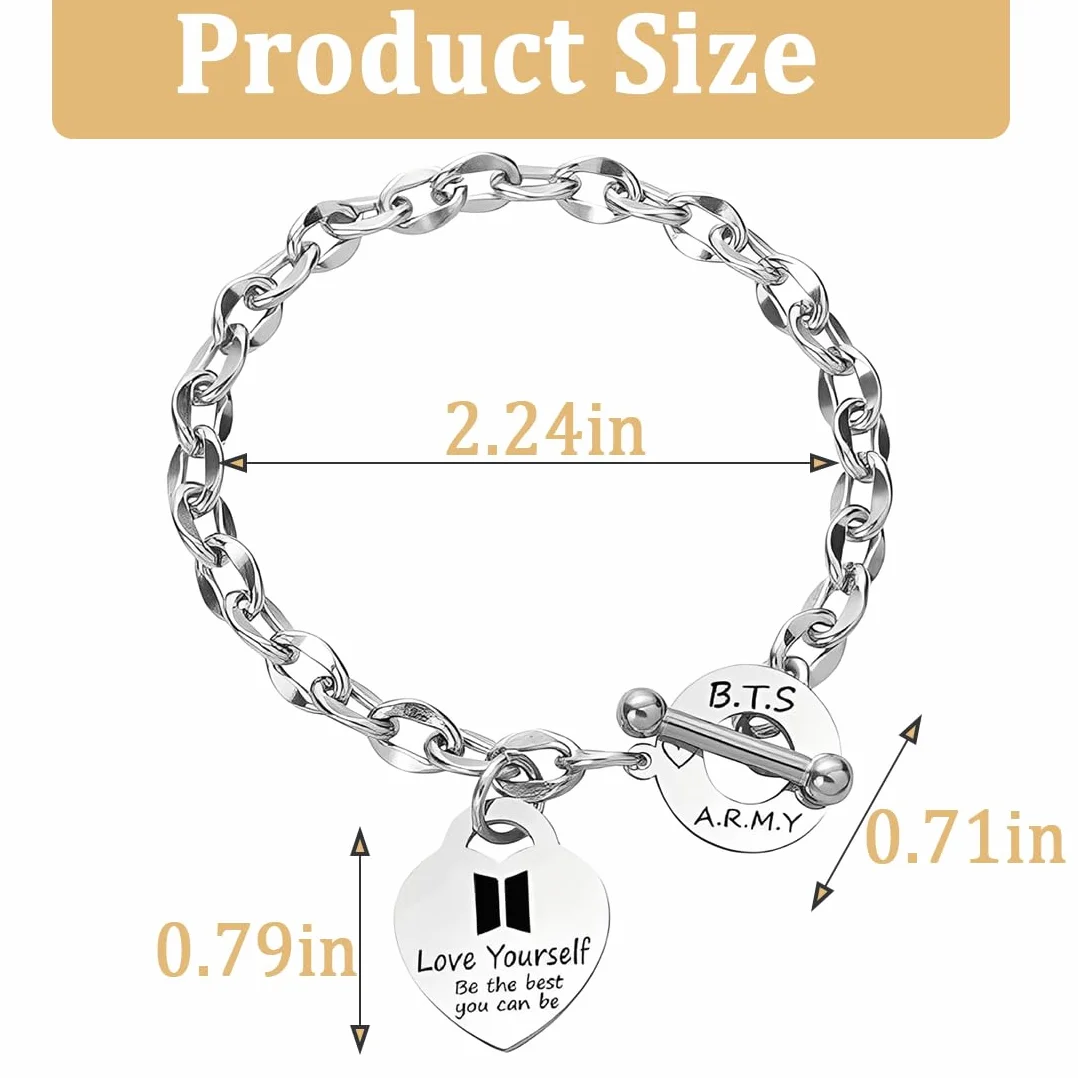 BTS Pulsera Acero Inoxidable Ajustable con Colgante Corazón