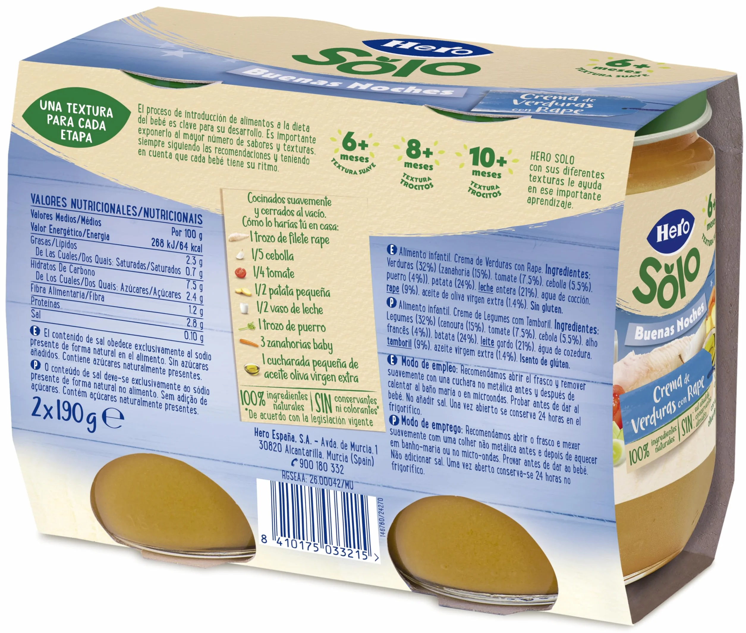 Hero Baby - Tarritos Infantiles, Buenas Noches Tarritos de Crema de Verduras con Rape, Alimento Infantil para Bebés a Partir de los 8 Meses - 190 g (Paquete de 12)