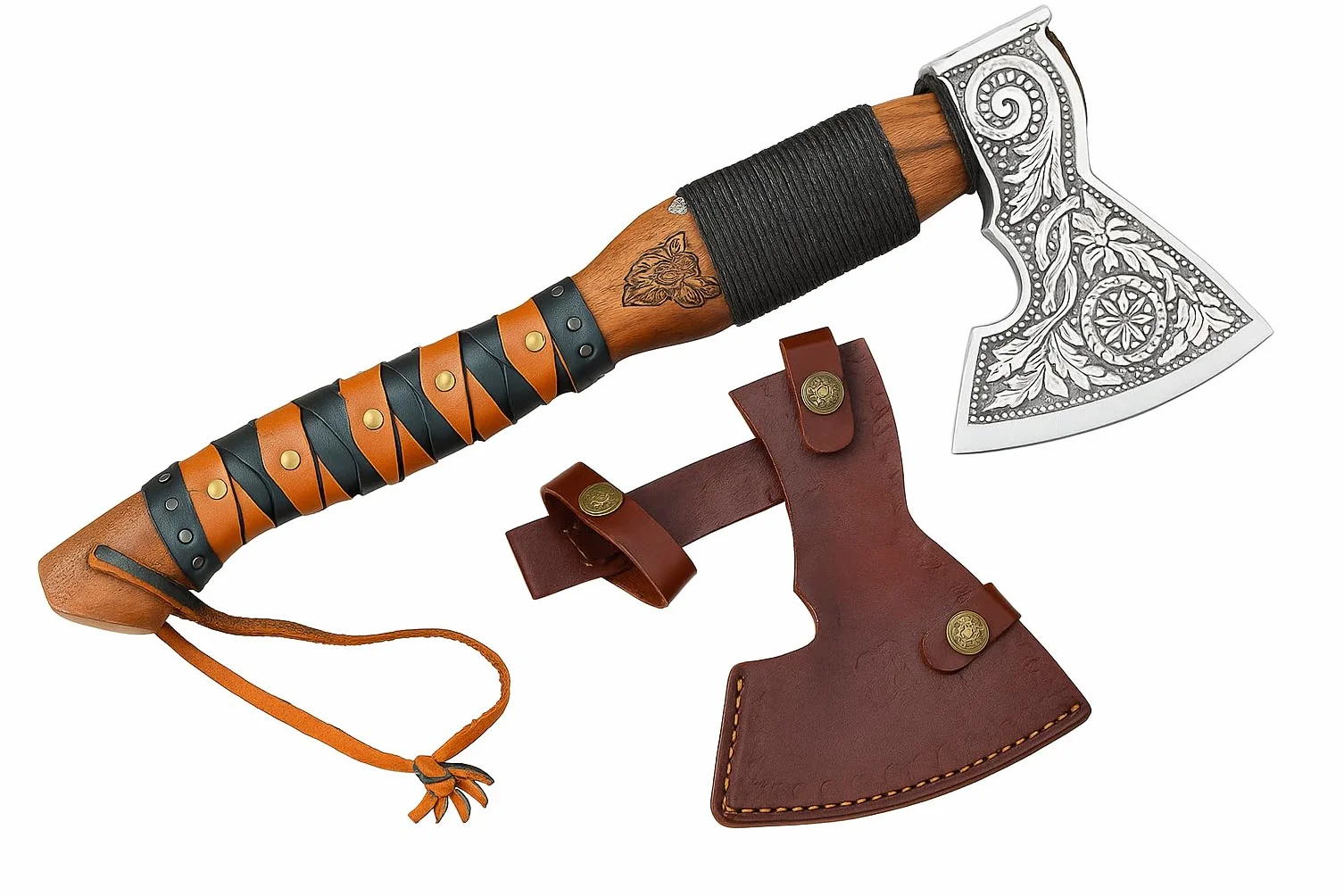Novahaven Falkir Hacha de lujo forjada a mano acero inoxidable mango palo de rosa funda cuero camping vikingo bushcraft