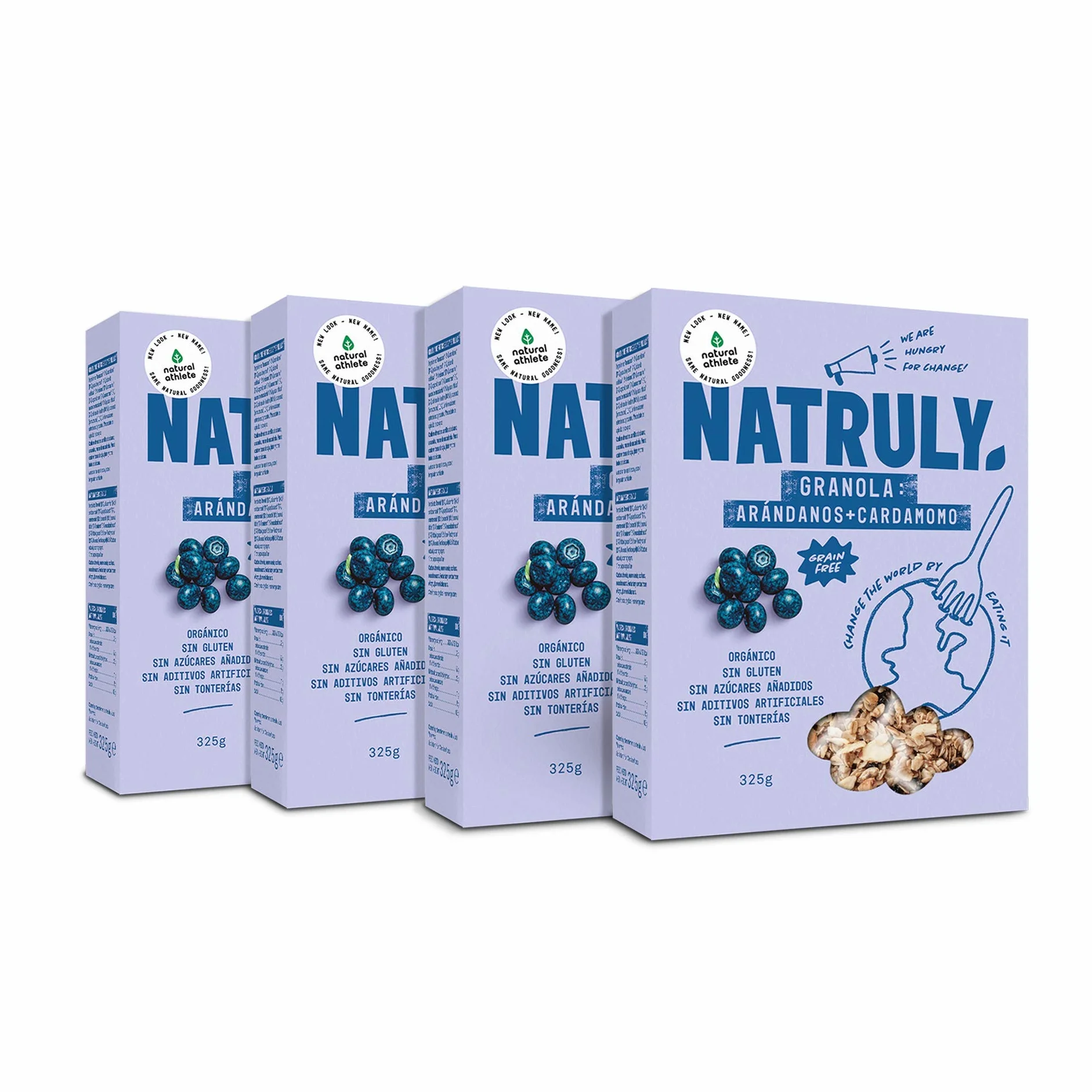 NATRULY Granola BIO de Frutos Secos y Semillas Sin Cereales, Sin Gluten y Sin Azúcar Refinado, Vegana, Sabor Arándanos -Pack 4x325g