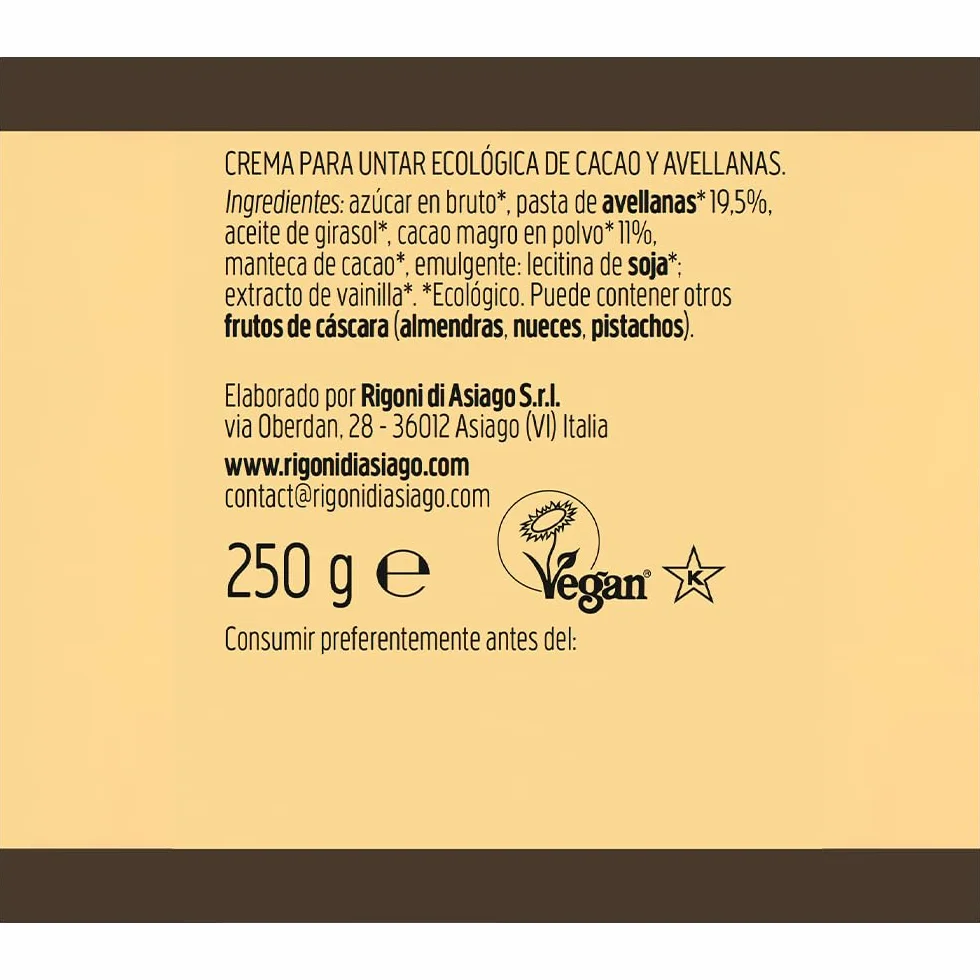 RIGONI DI ASIAGO - Nocciolata Sin Leche, Crema de Cacao y Avellanas Ecológico - 250g