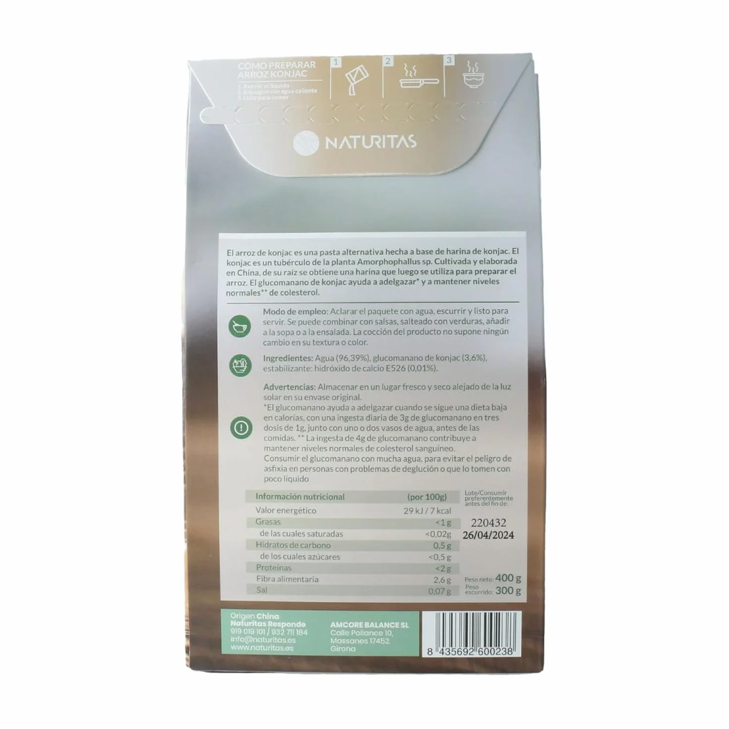Arroz de konjac sin gluten | 300 g | Naturitas Essentials | Arroz de konjac shirataki | Cero calorías sin gluten | Pasta