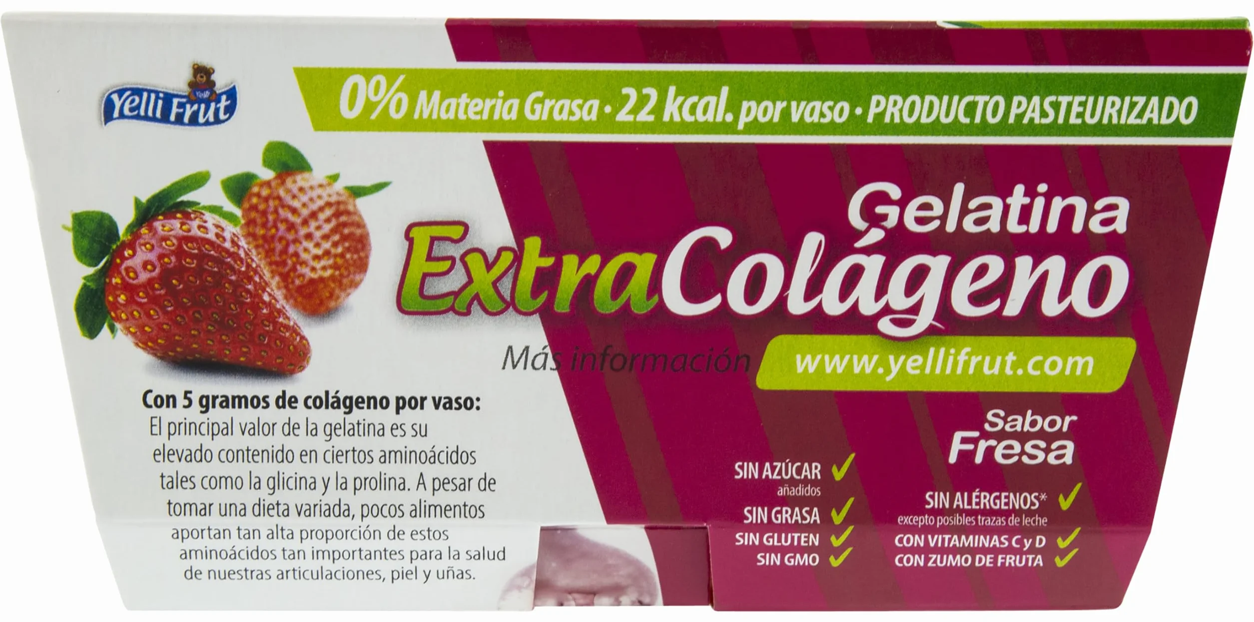 Extra Colágeno Fresa. Postre de Zumo de Frutas y Gelatina. Sabor Fresa en tarrina de 100 gramos. Pack de 12x4 = 48 tarrinas. 8g de colágeno mejora la flexibilidad y función de las articulaciones
