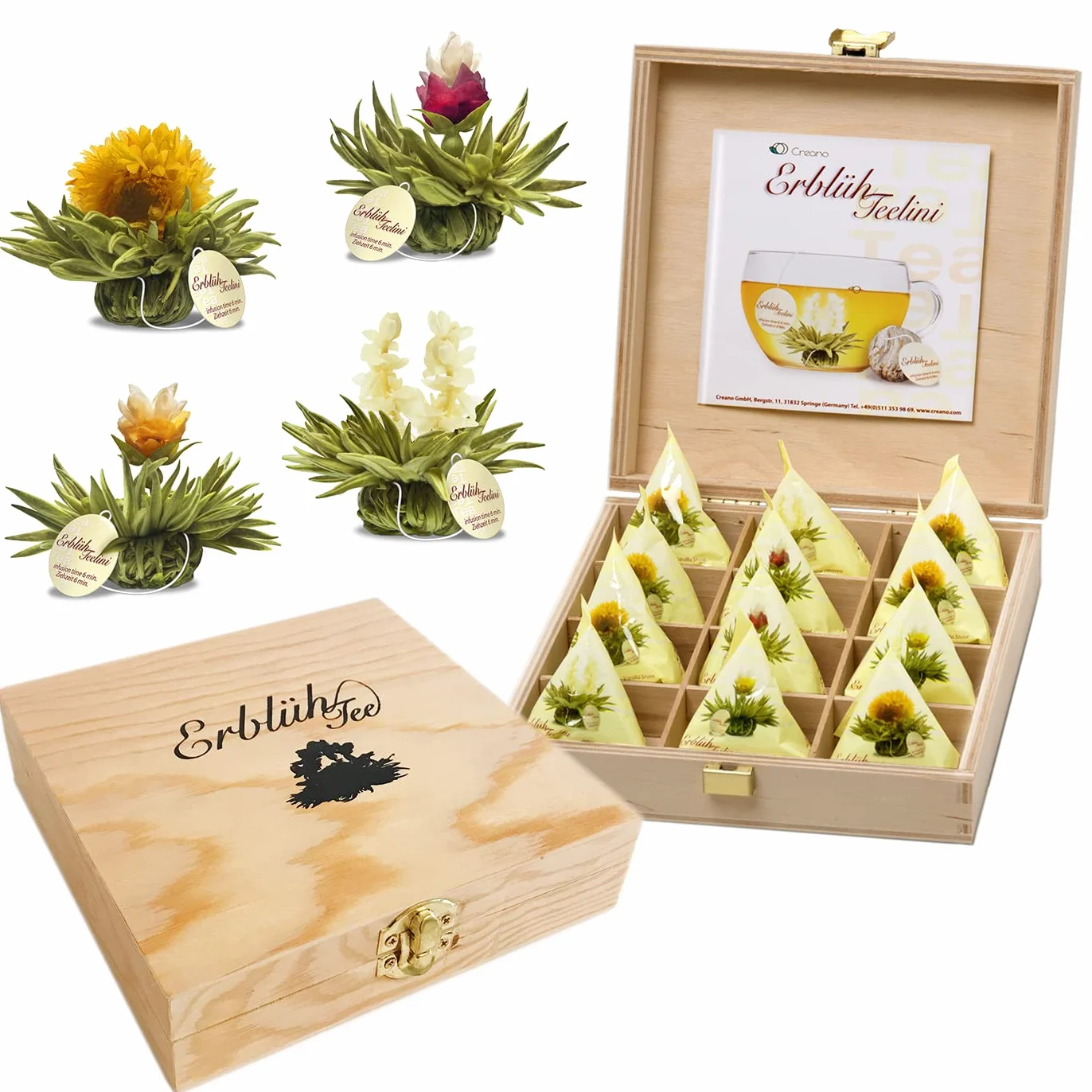 Creano Teelini Flores de Té Blanco 12 uds Cofre de Madera con Compartimentos Regalo
