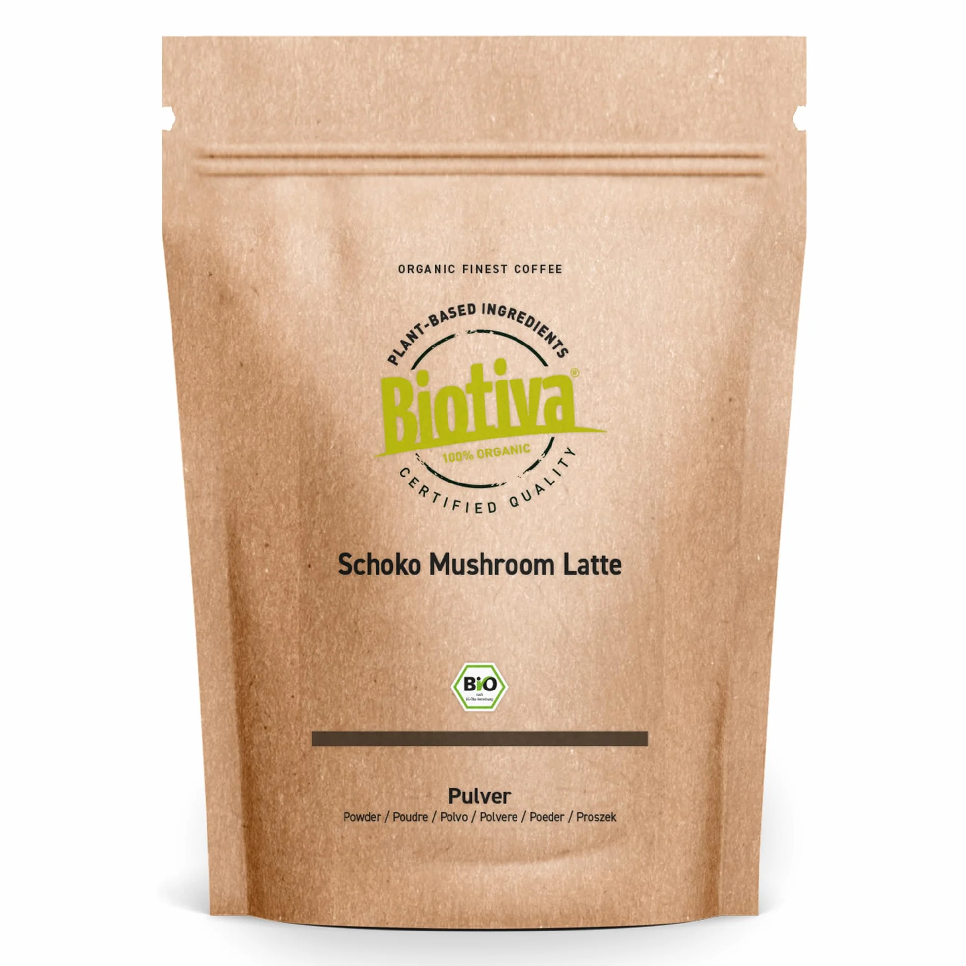 Biotiva Choco Mushroom Latte orgánico 100g - bebida con chocolate y hongos - embotellado y controlado en Alemania