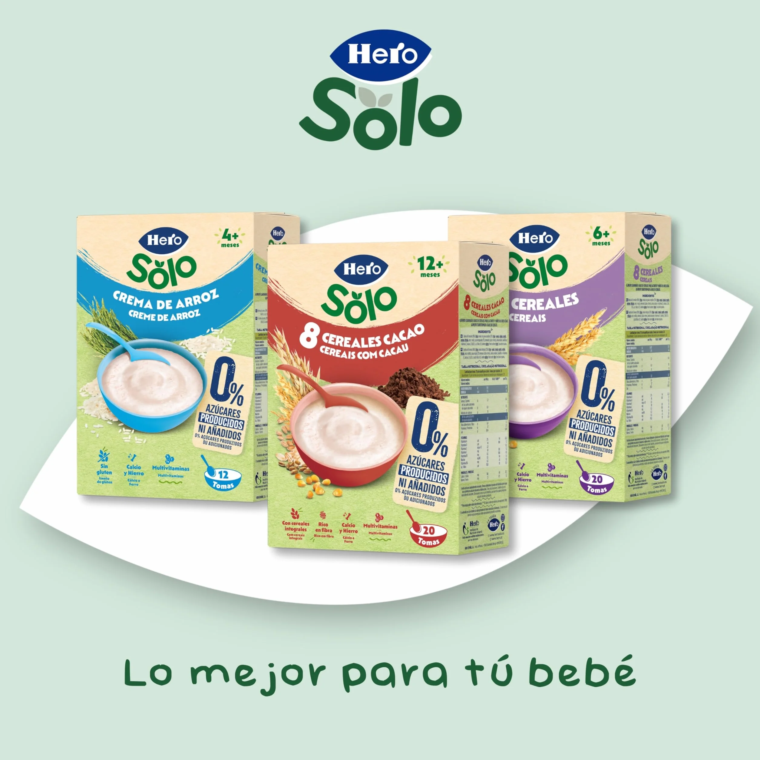 Hero Solo Papilla 8 Cereales con Cacao, Sin Azúcares Añadidos, Rica en Fibra y Vitaminas, Sabor Natural para Bebés, a partir de 12 meses
