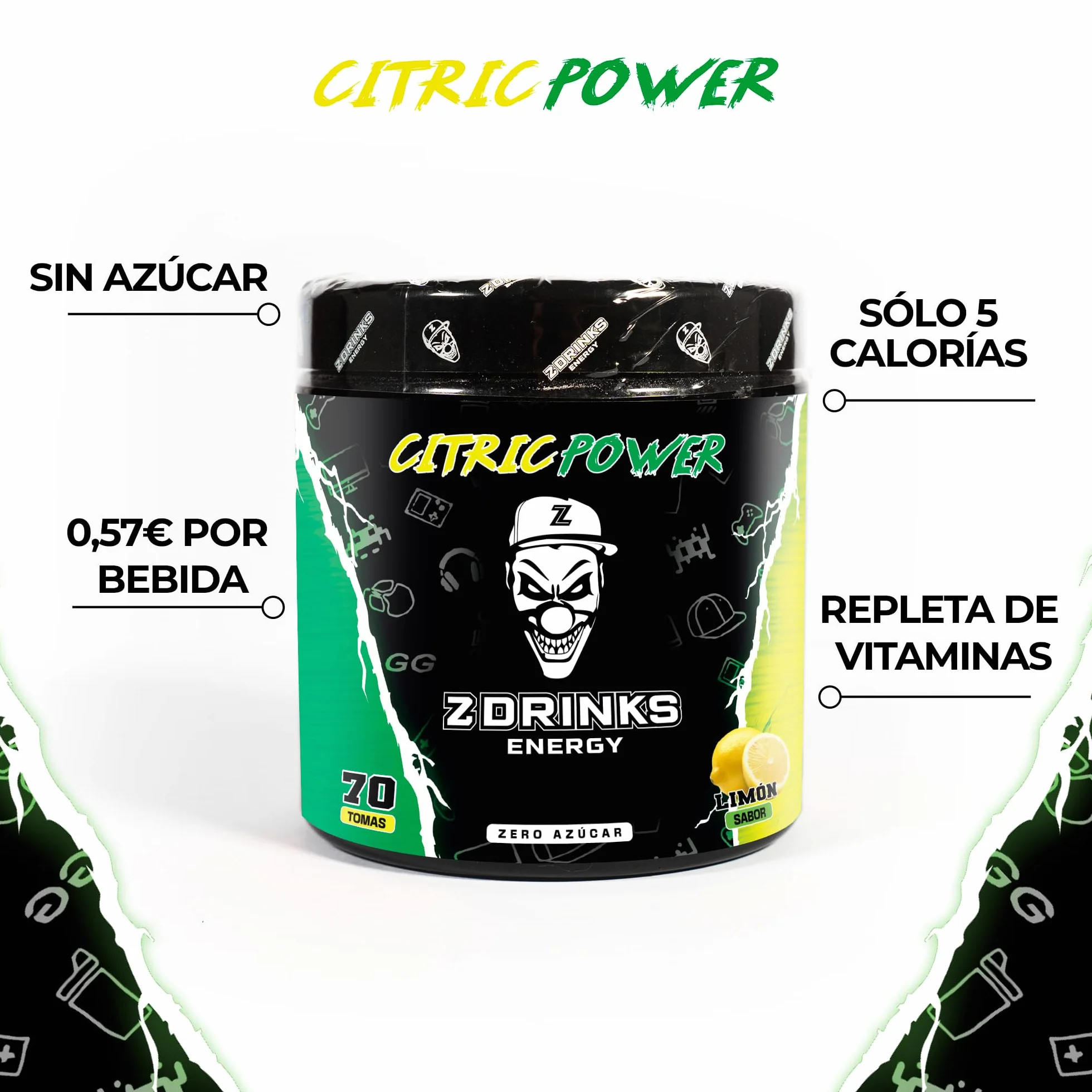 Z Drinks Energy Bebida Energética en Polvo 70 Servicios Sin Azúcar con Cafeína Minerales y Vitaminas Sabor Limón