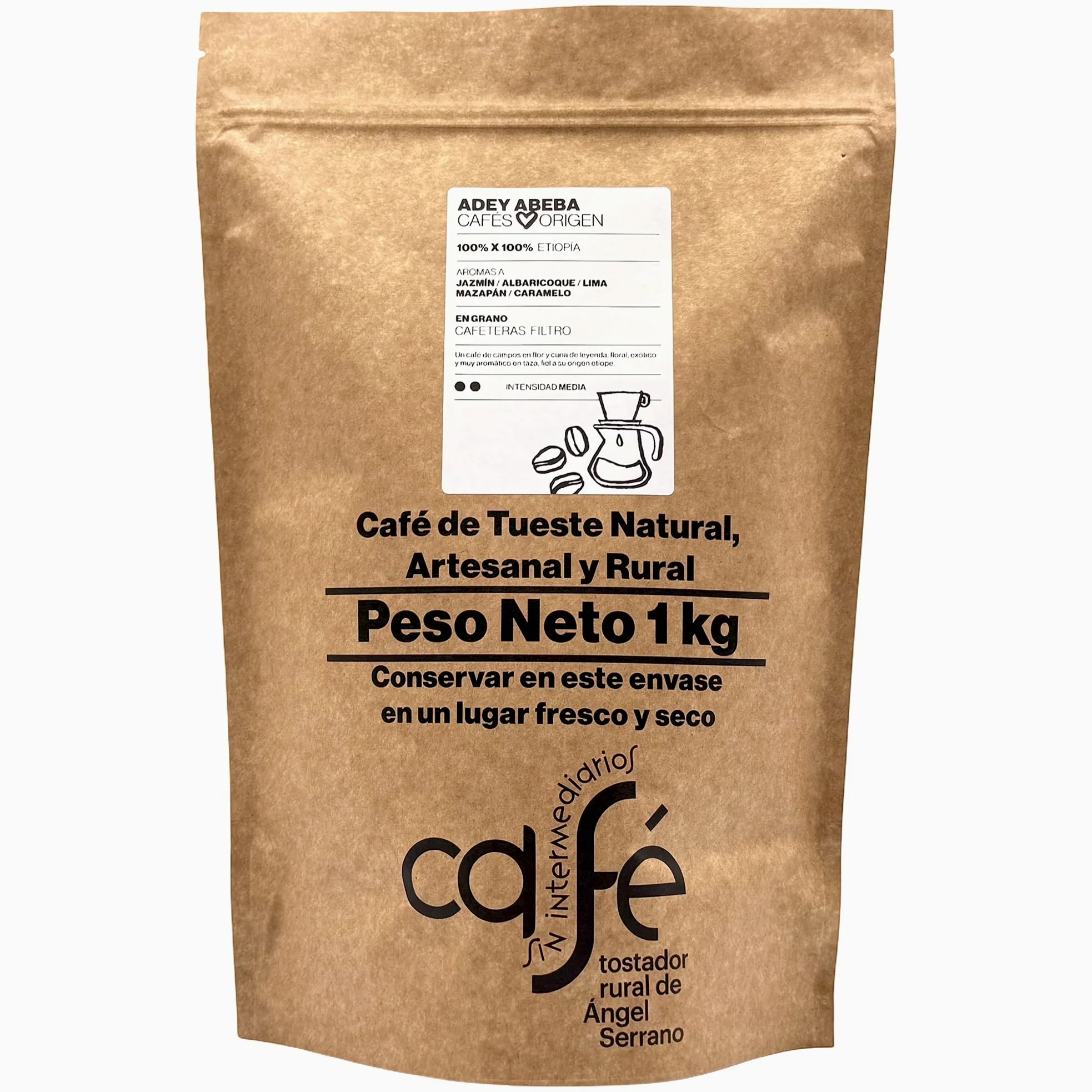 CAFÉ SIN INTERMEDIARIOS - 100% Etiopía - Adey Abeba - Ideal para tomar solo - Intensidad de sabor Media - Recién tostado y envasado - 1 kg MOLIDO para cafeteras Filtro
