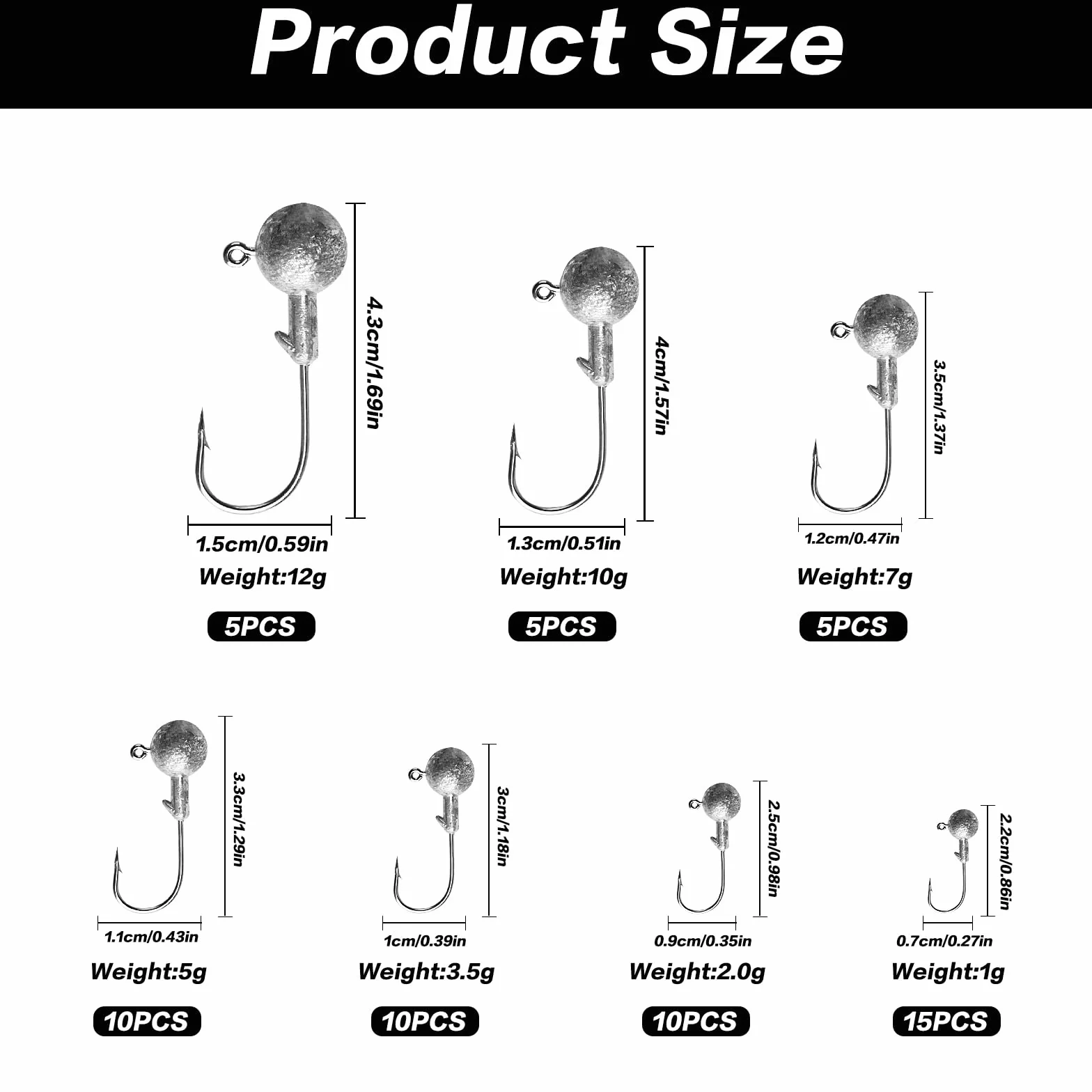Juego de 60 Cabezas Plomadas Pequeñas, 7 Tamaños de Anzuelos de Pesca, Accesorios de Pesca (1g-12g)